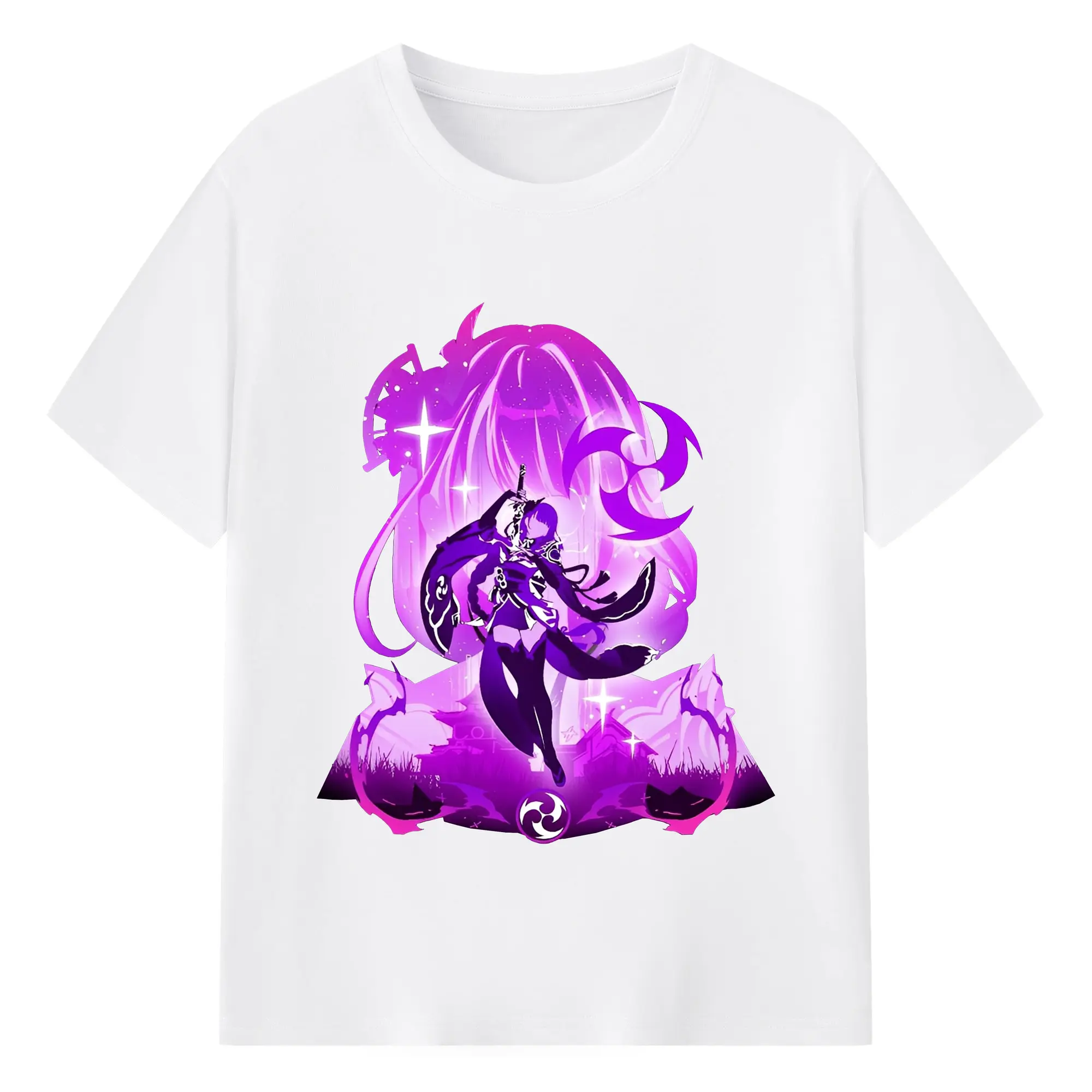 原神 雷電将軍 アニメ風プリント推し活グッズ - 綿100％ 半袖Tシャツ ・ フロントプリント ・ 快適 通気性 ・ 日常使い 散歩 スポーツ用