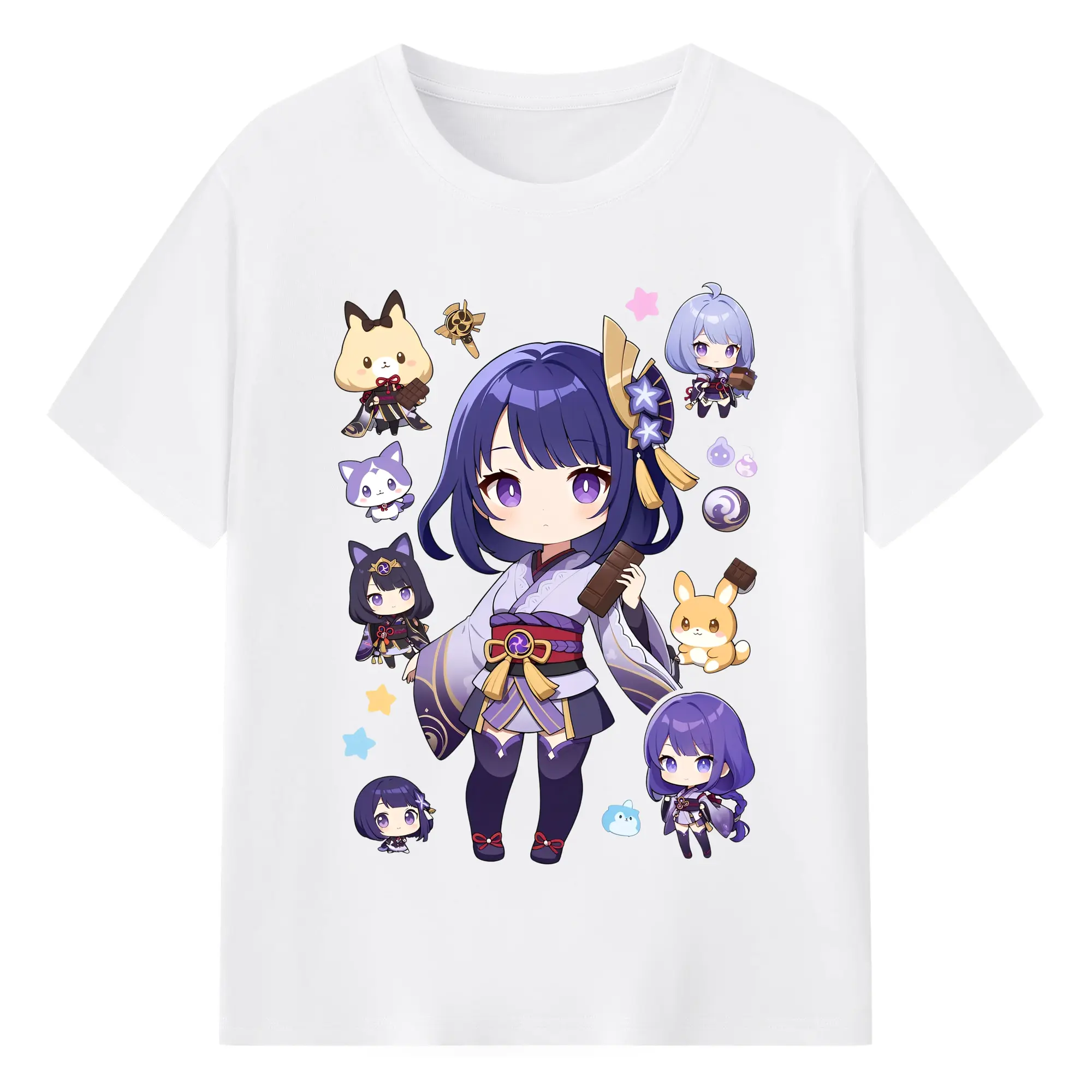 原神 雷電将軍 クリーンデザイン ファッション 原宿系 - 綿100％ 半袖Tシャツ ・ フロントプリント ・ 快適 通気性 ・ 日常使い 散歩 スポーツ用