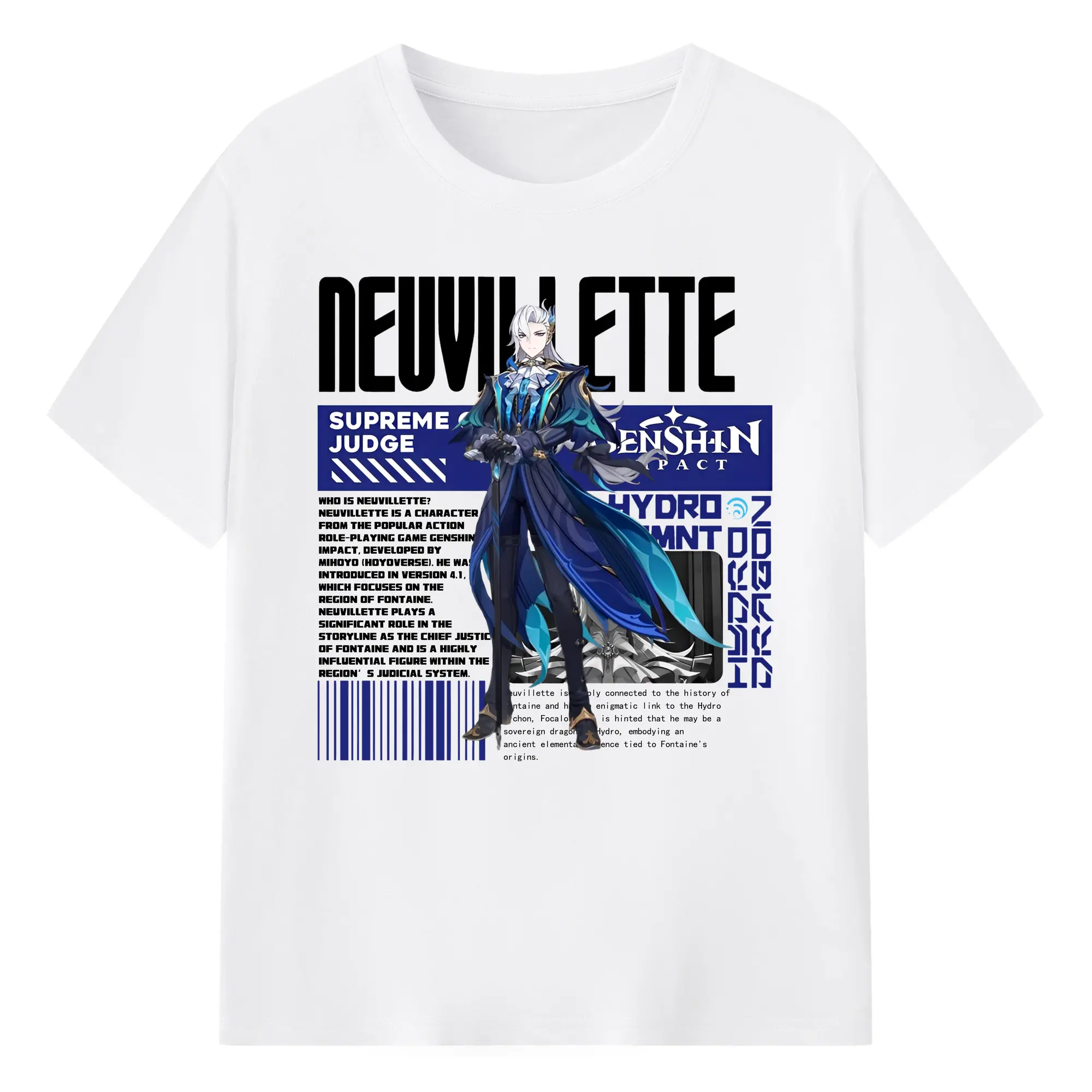 原神 ヌヴィレット キャラクターグッズ - 綿100％ 半袖Tシャツ ・ フロントプリント ・ 快適 通気性 ・ 日常使い 散歩 スポーツ用