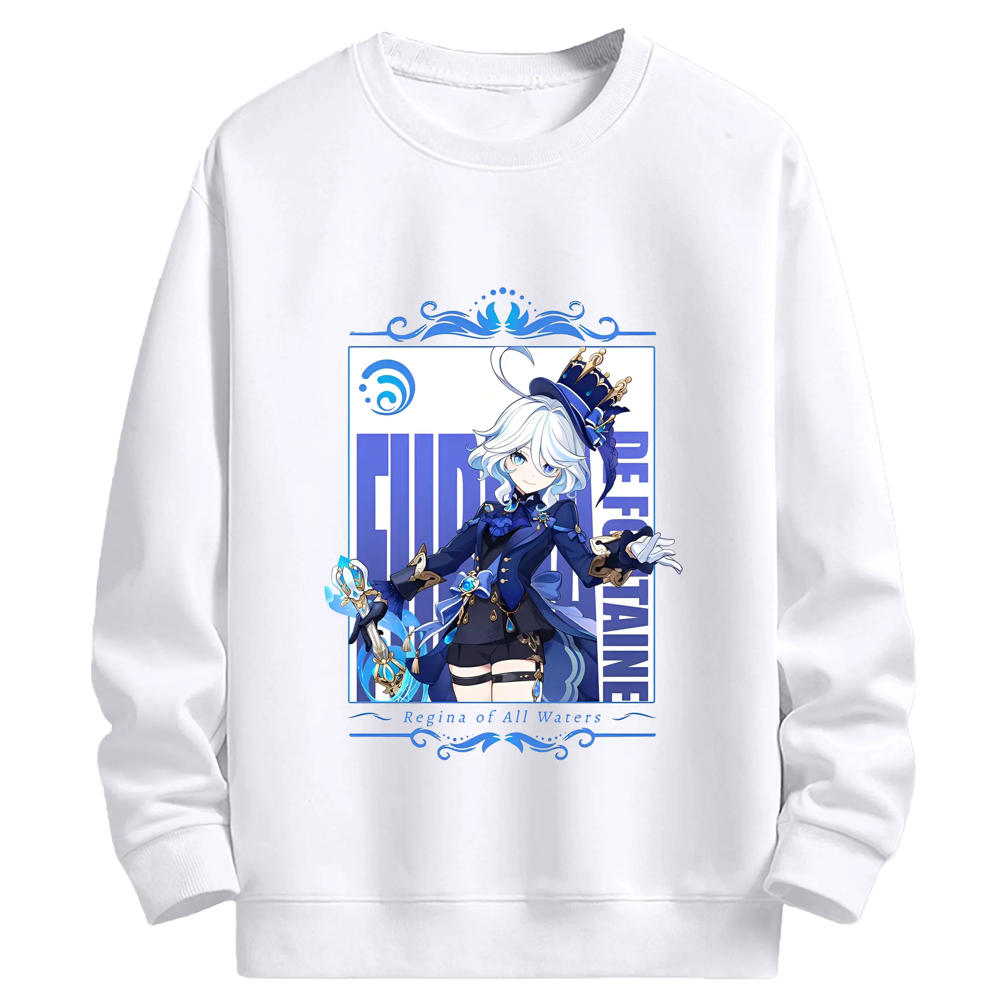 原神 Furina 限定デザイン キュートキャラクター - 高品質 クルーネック スウェット ・ コットン59％ ポリエステル41％ ・ ユニセックス 長袖 トレーナー ・ カジュアル デイリー スポーツ 散歩用