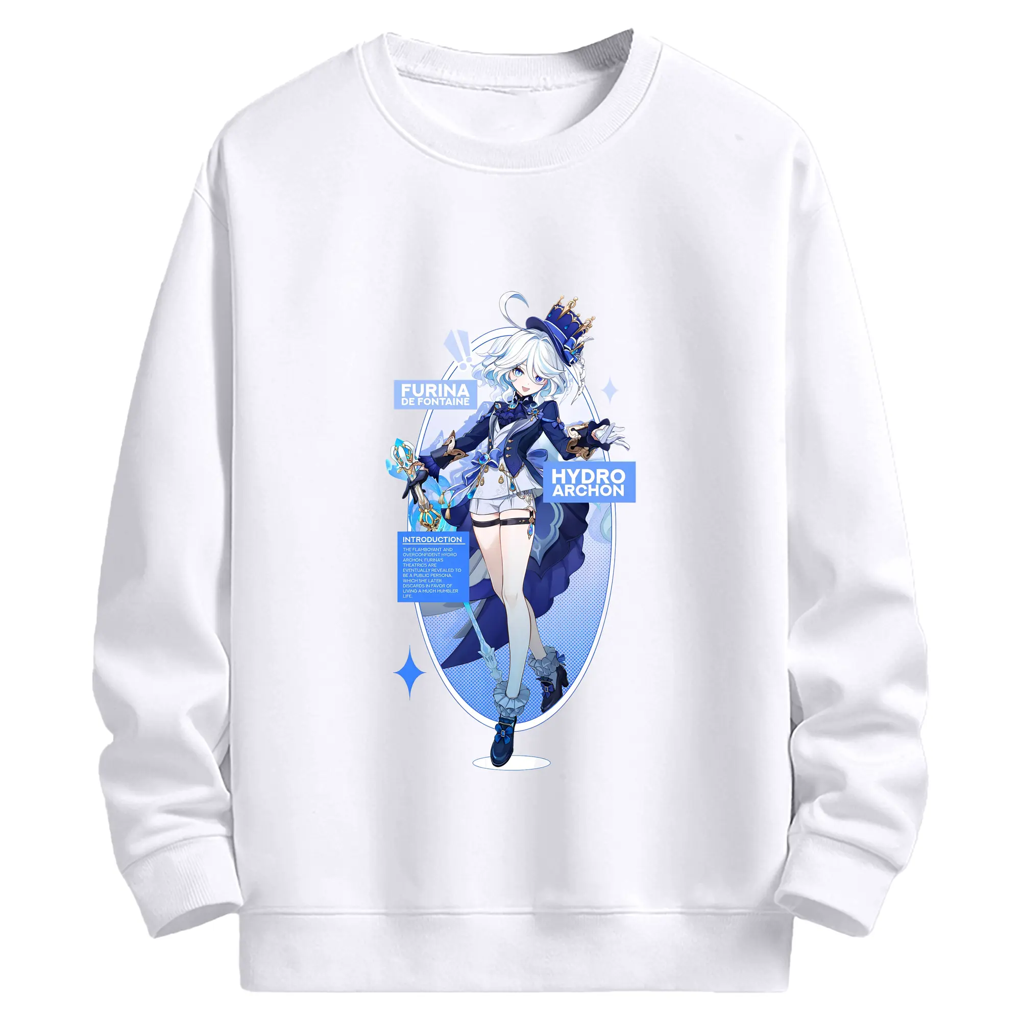 原神 フリナ（水神）人気キャラクター限定プリント - 高品質 クルーネック スウェット ・ コットン59％ ポリエステル41％ ・ ユニセックス 長袖 トレーナー ・ カジュアル デイリー スポーツ 散歩用