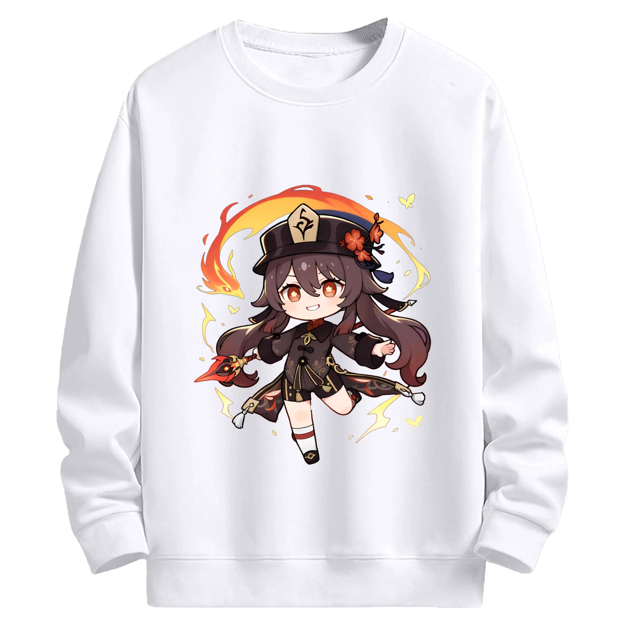 原神 Hu Tao 限定デザイン キュートキャラクター - 高品質 クルーネック スウェット ・ コットン59％ ポリエステル41％ ・ ユニセックス 長袖 トレーナー ・ カジュアル デイリー スポーツ 散歩用