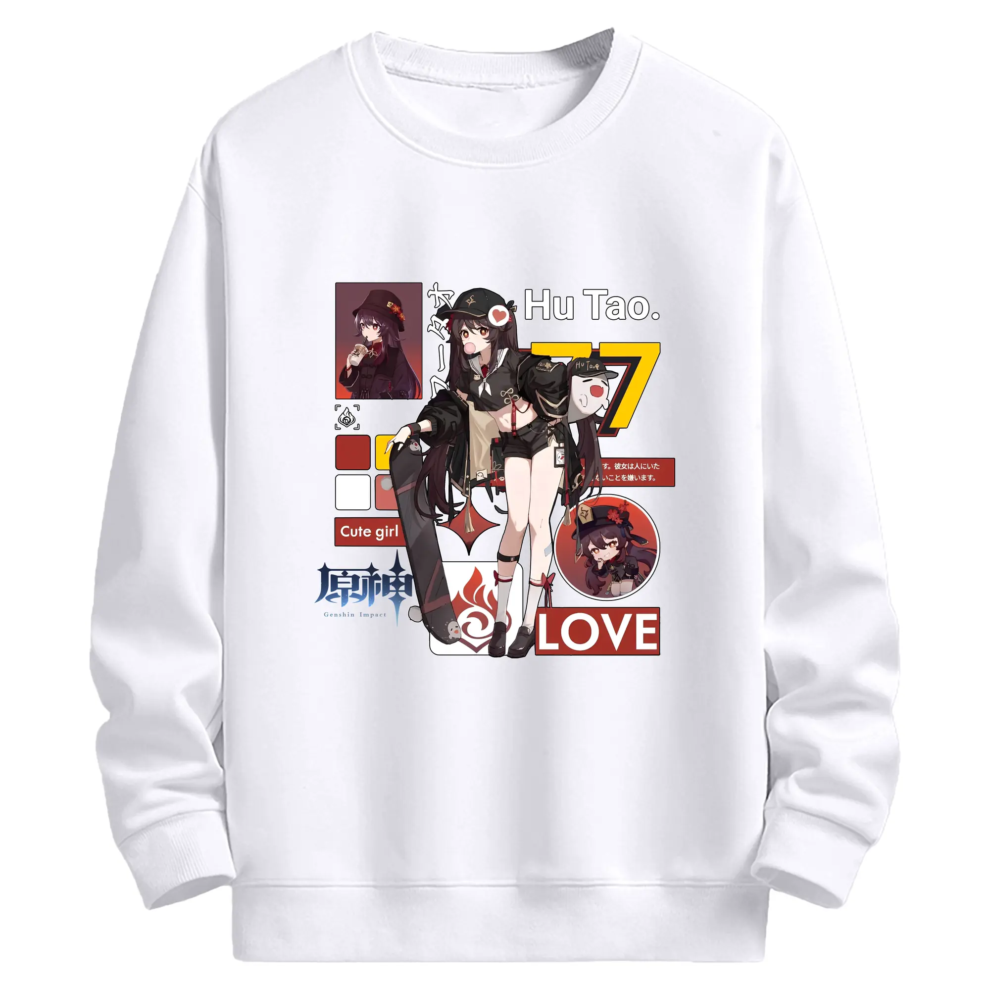 2025年最新 胡桃 キャラクター - 高品質 クルーネック スウェット ・ コットン59％ ポリエステル41％ ・ ユニセックス 長袖 トレーナー ・ カジュアル デイリー スポーツ 散歩用