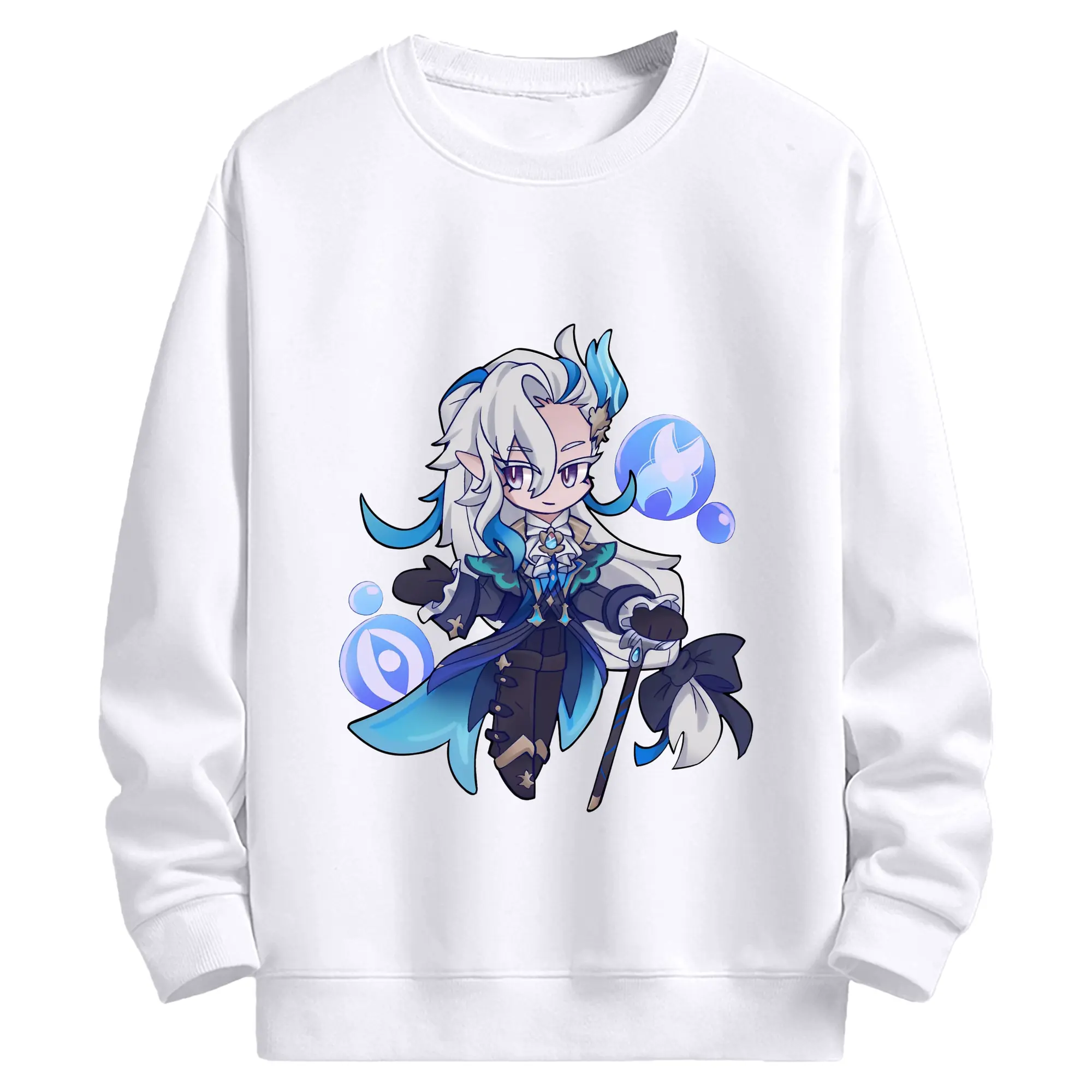 Genshin Impact ヌヴィレット 限定バージョン ファングッズ コレクション - 高品質 クルーネック スウェット ・ コットン59％ ポリエステル41％ ・ ユニセックス 長袖 トレーナー ・ カジュアル デイリー スポーツ 散歩用