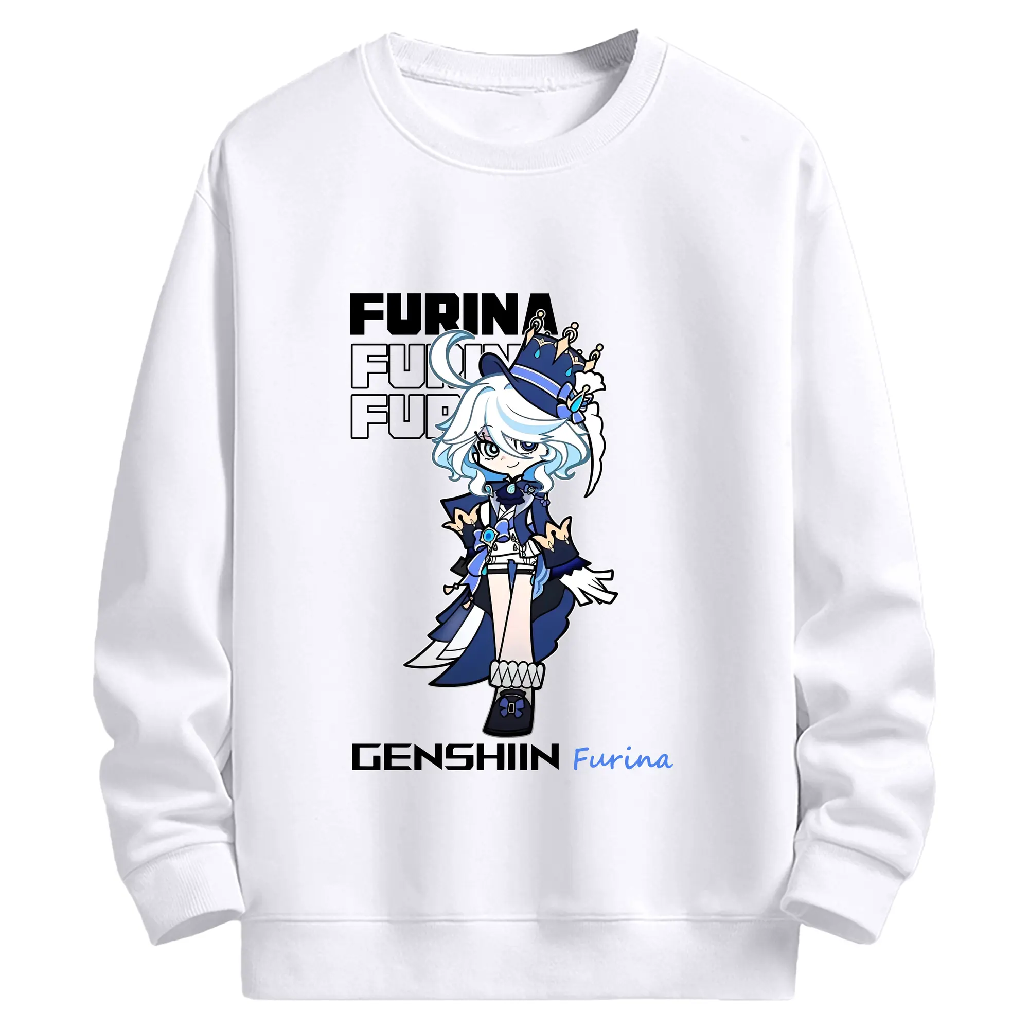 原神 Furina ファン必見！可愛いデザイン - 高品質 クルーネック スウェット ・ コットン59％ ポリエステル41％ ・ ユニセックス 長袖 トレーナー ・ カジュアル デイリー スポーツ 散歩用