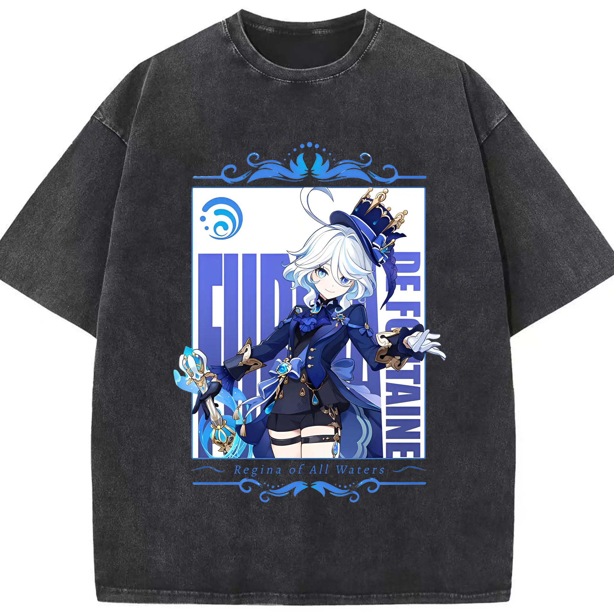 原神 Furina 限定デザイン キュートキャラクター - 綿100％ ヴィンテージ風 半袖Tシャツ ・ フロントプリント ・ 柔らか肌触り ・ 通気性 快適 ・ スポーツ カジュアル 外出用