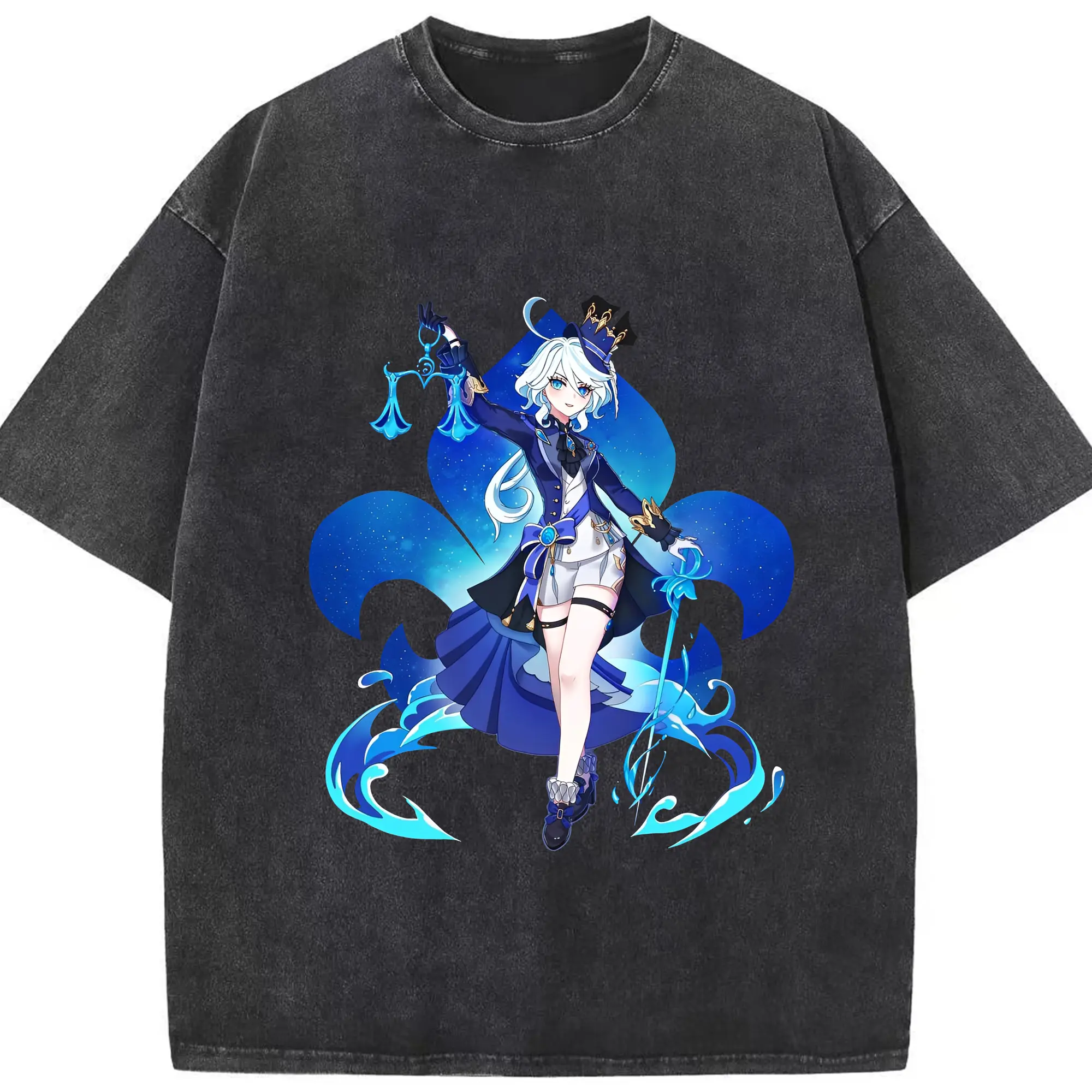 二次元 Furina 限定デザイン キャラクター - 綿100％ ヴィンテージ風 半袖Tシャツ ・ フロントプリント ・ 柔らか肌触り ・ 通気性 快適 ・ スポーツ カジュアル 外出用