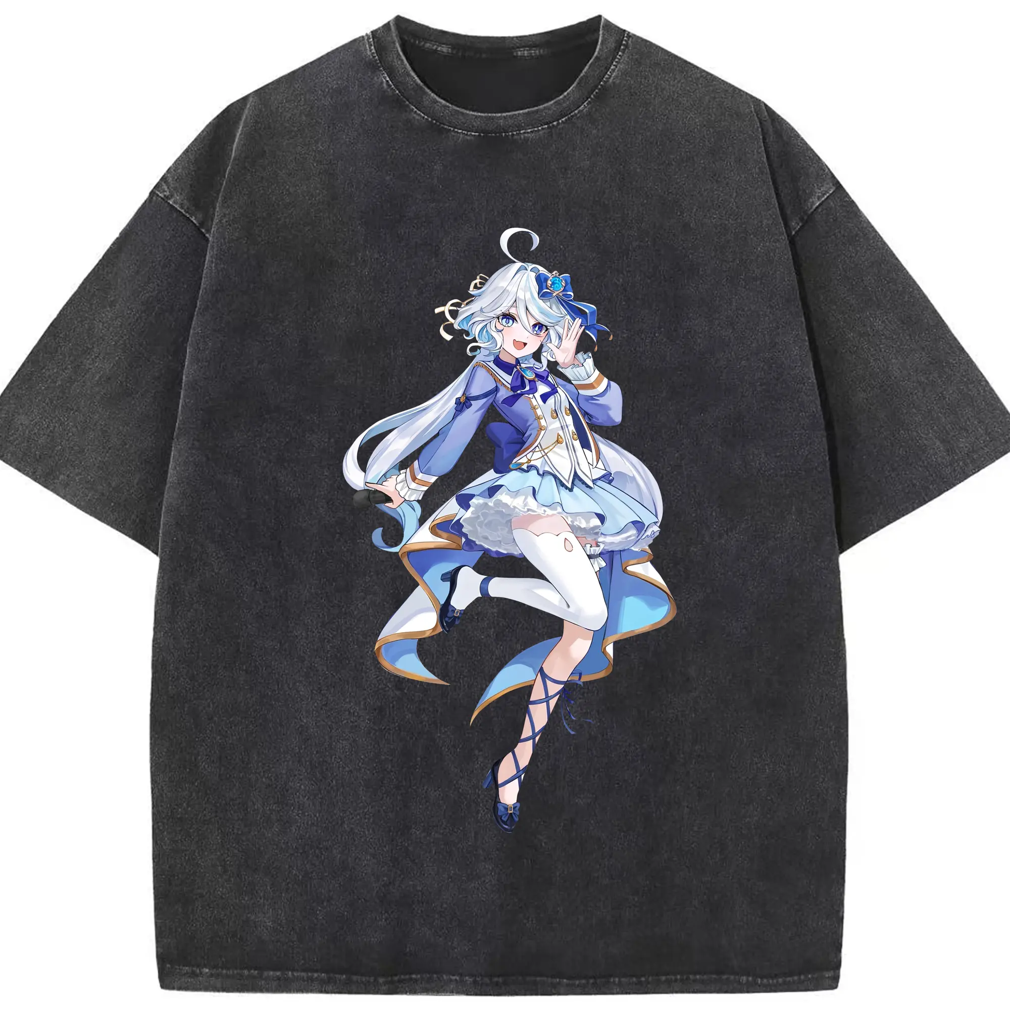 原神 フリーナ ポップカルチャー風プリント - 綿100％ ヴィンテージ風 半袖Tシャツ ・ フロントプリント ・ 柔らか肌触り ・ 通気性 快適 ・ スポーツ カジュアル 外出用