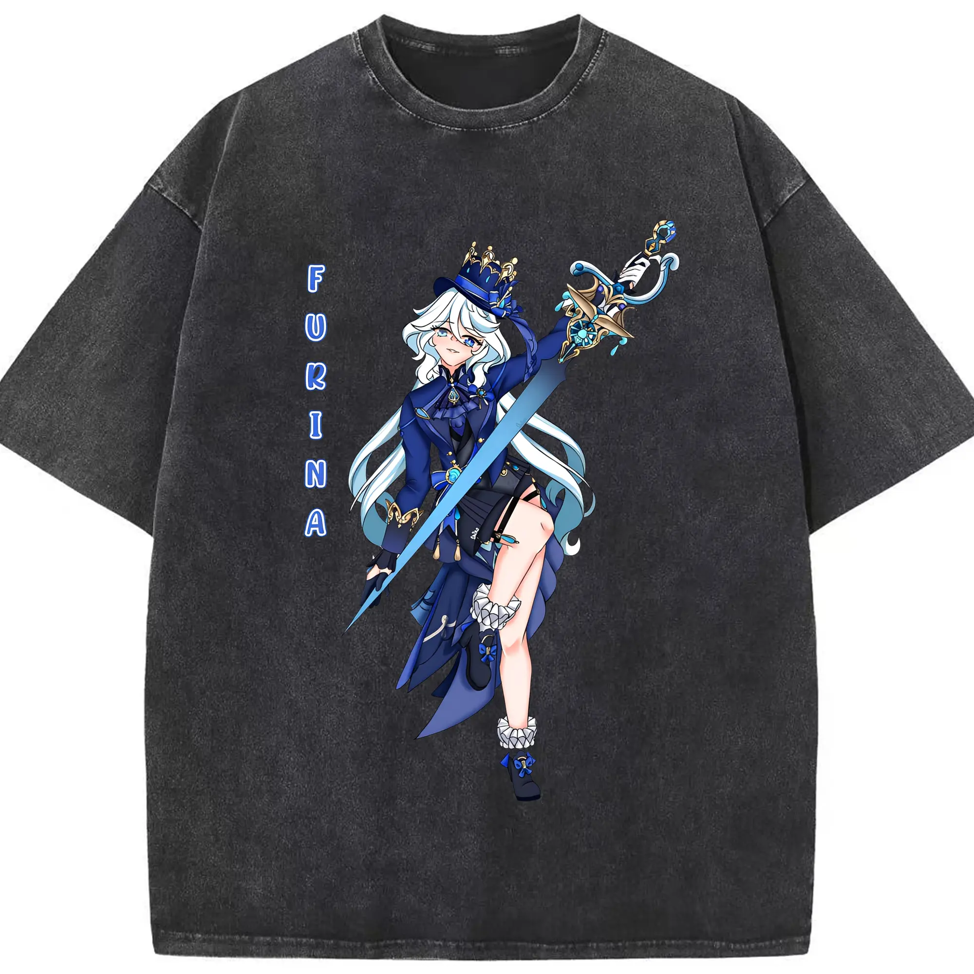 原神 フリナ（水神） ポップカルチャー風アニメプリント - 綿100％ ヴィンテージ風 半袖Tシャツ ・ フロントプリント ・ 柔らか肌触り ・ 通気性 快適 ・ スポーツ カジュアル 外出用