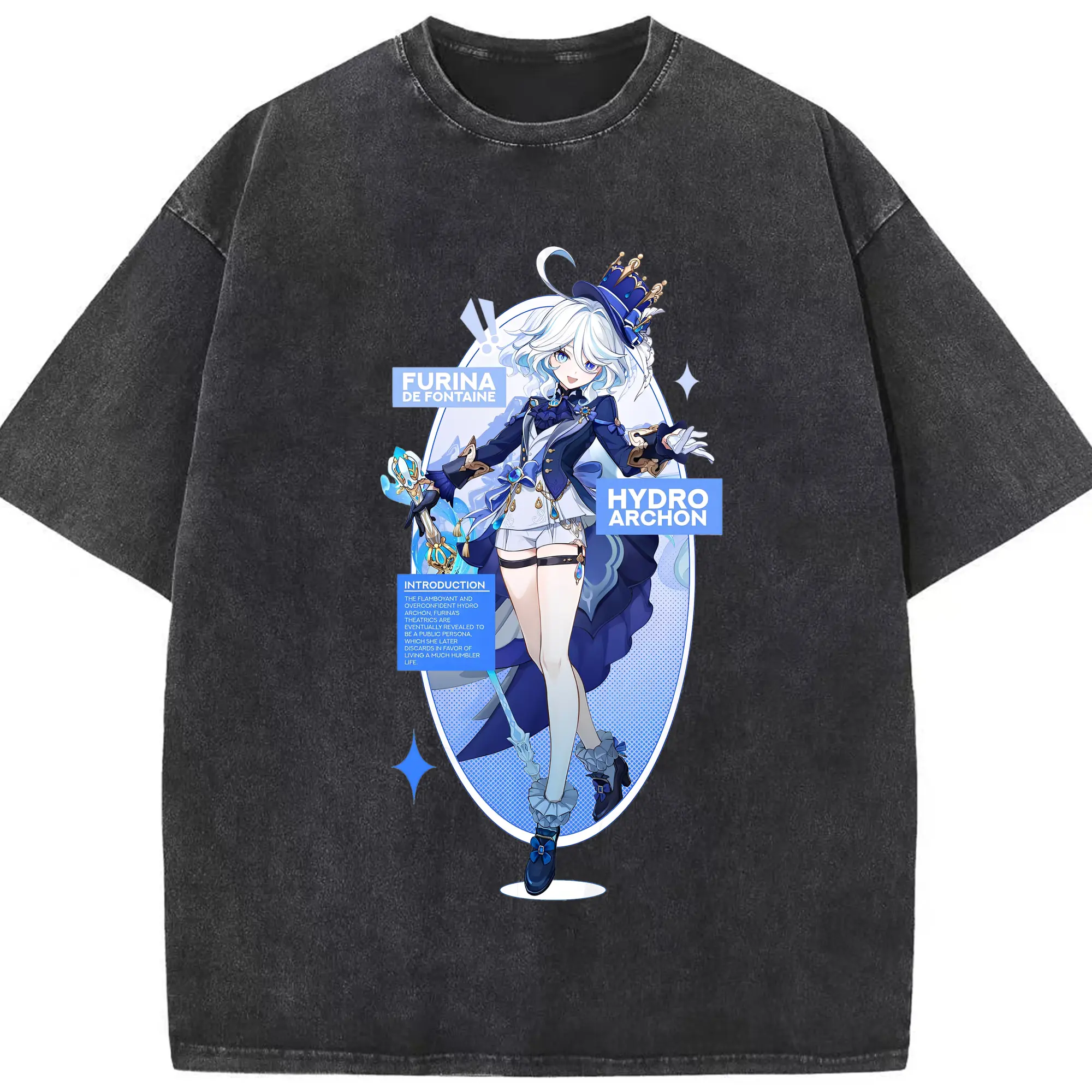 原神 フリナ（水神）人気キャラクター限定プリント - 綿100％ ヴィンテージ風 半袖Tシャツ ・ フロントプリント ・ 柔らか肌触り ・ 通気性 快適 ・ スポーツ カジュアル 外出用