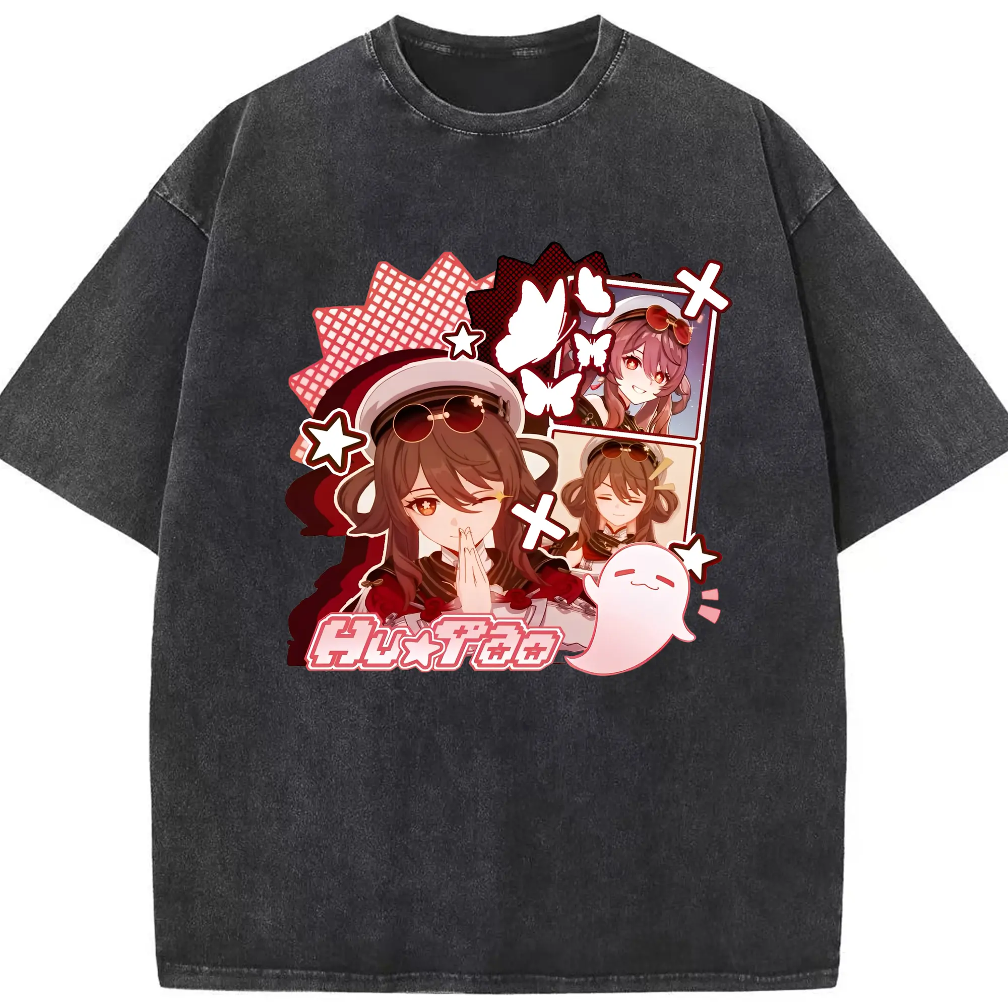 原神 胡桃 ゆるかわアート - 綿100％ ヴィンテージ風 半袖Tシャツ ・ フロントプリント ・ 柔らか肌触り ・ 通気性 快適 ・ スポーツ カジュアル 外出用