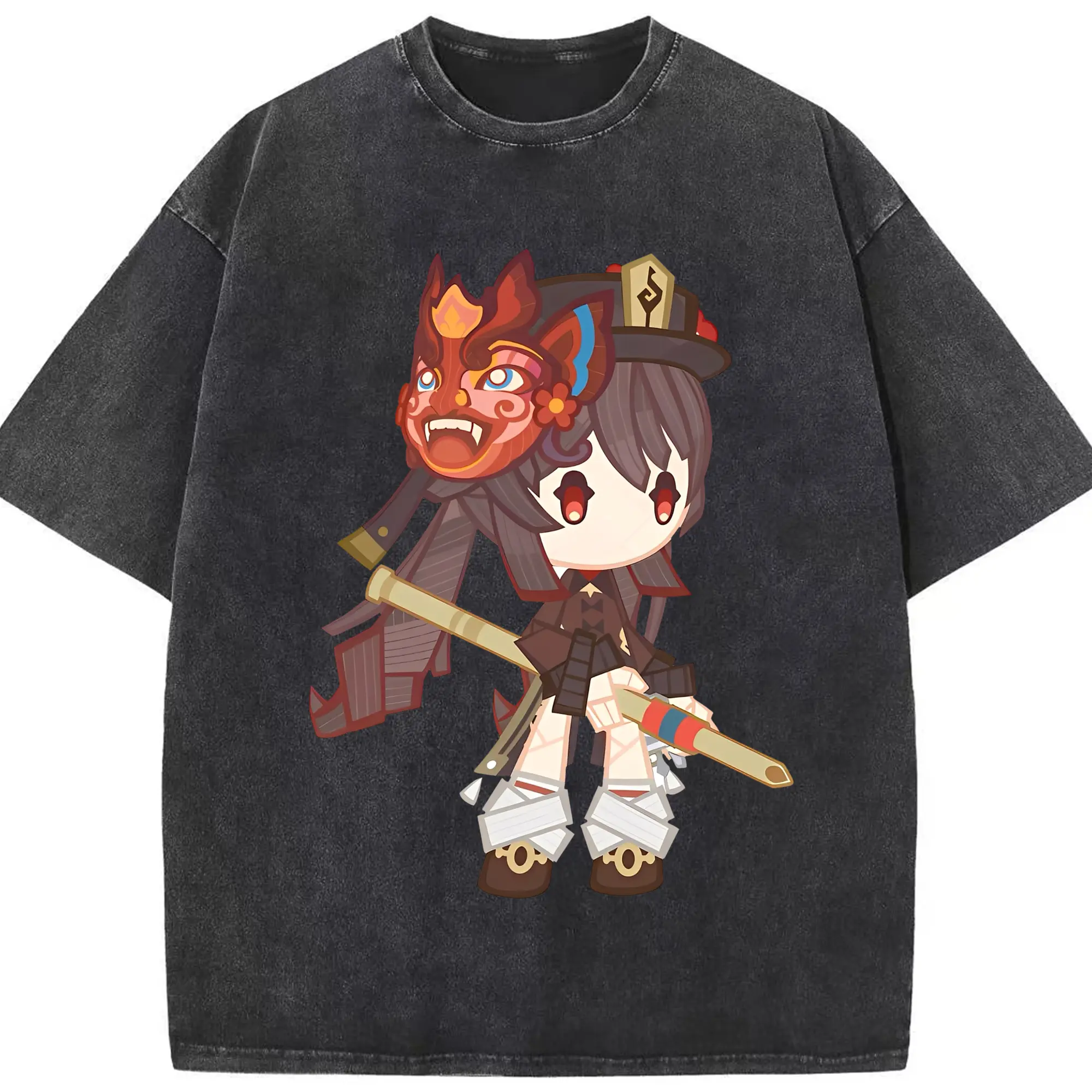 原神 Hu Tao 限定デザイン キュートキャラクター - 綿100％ ヴィンテージ風 半袖Tシャツ ・ フロントプリント ・ 柔らか肌触り ・ 通気性 快適 ・ スポーツ カジュアル 外出用