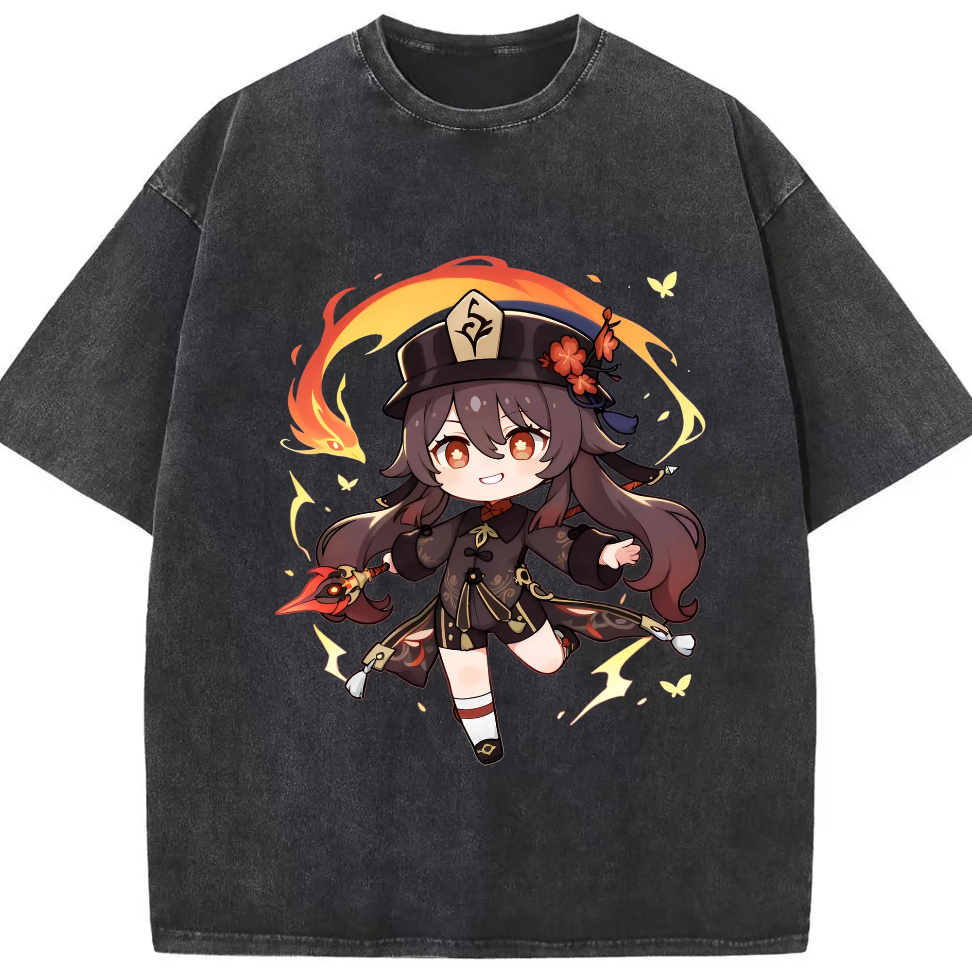 原神 Hu Tao 限定デザイン キュートキャラクター - 綿100％ ヴィンテージ風 半袖Tシャツ ・ フロントプリント ・ 柔らか肌触り ・ 通気性 快適 ・ スポーツ カジュアル 外出用