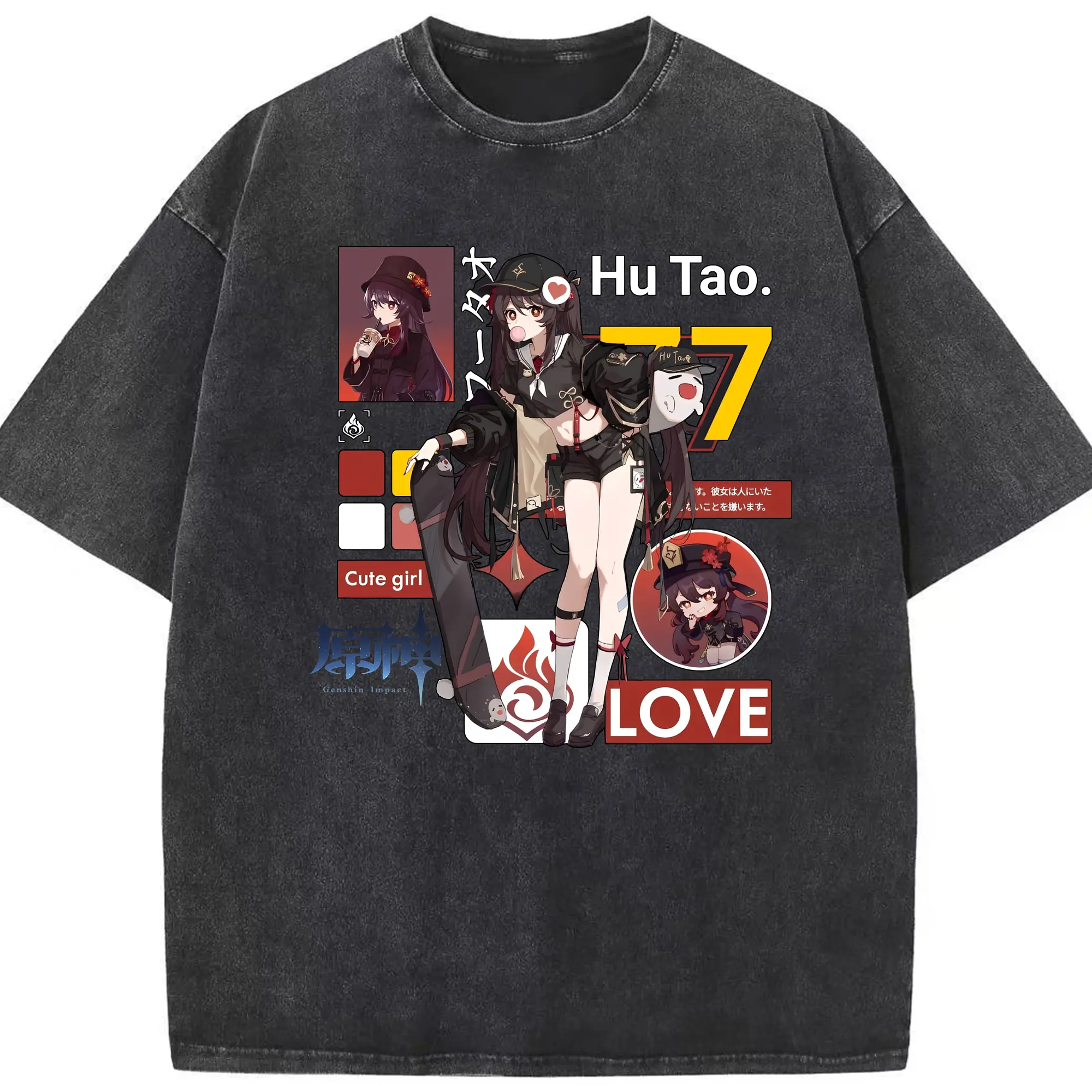 2025年最新 胡桃 キャラクター - 綿100％ ヴィンテージ風 半袖Tシャツ ・ フロントプリント ・ 柔らか肌触り ・ 通気性 快適 ・ スポーツ カジュアル 外出用