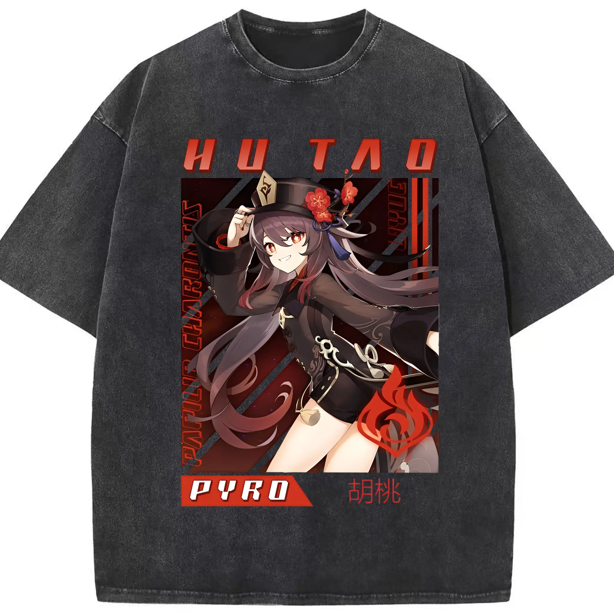 原神 胡桃 グラフィックアート - 綿100％ ヴィンテージ風 半袖Tシャツ ・ フロントプリント ・ 柔らか肌触り ・ 通気性 快適 ・ スポーツ カジュアル 外出用