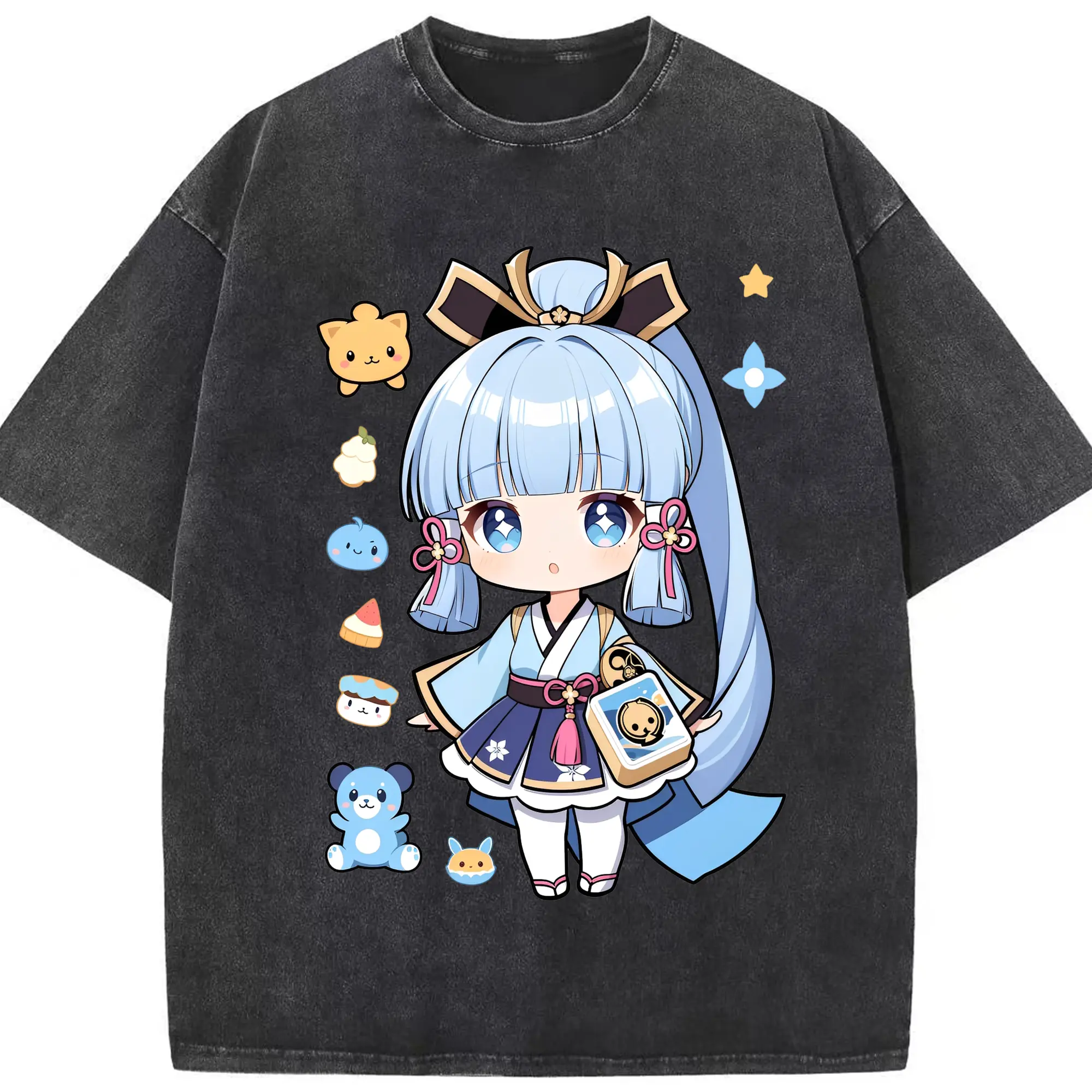 原神 神里綾華 Q版デフォルメ可愛いキャラクターグッズ - 綿100％ ヴィンテージ風 半袖Tシャツ ・ フロントプリント ・ 柔らか肌触り ・ 通気性 快適 ・ スポーツ カジュアル 外出用
