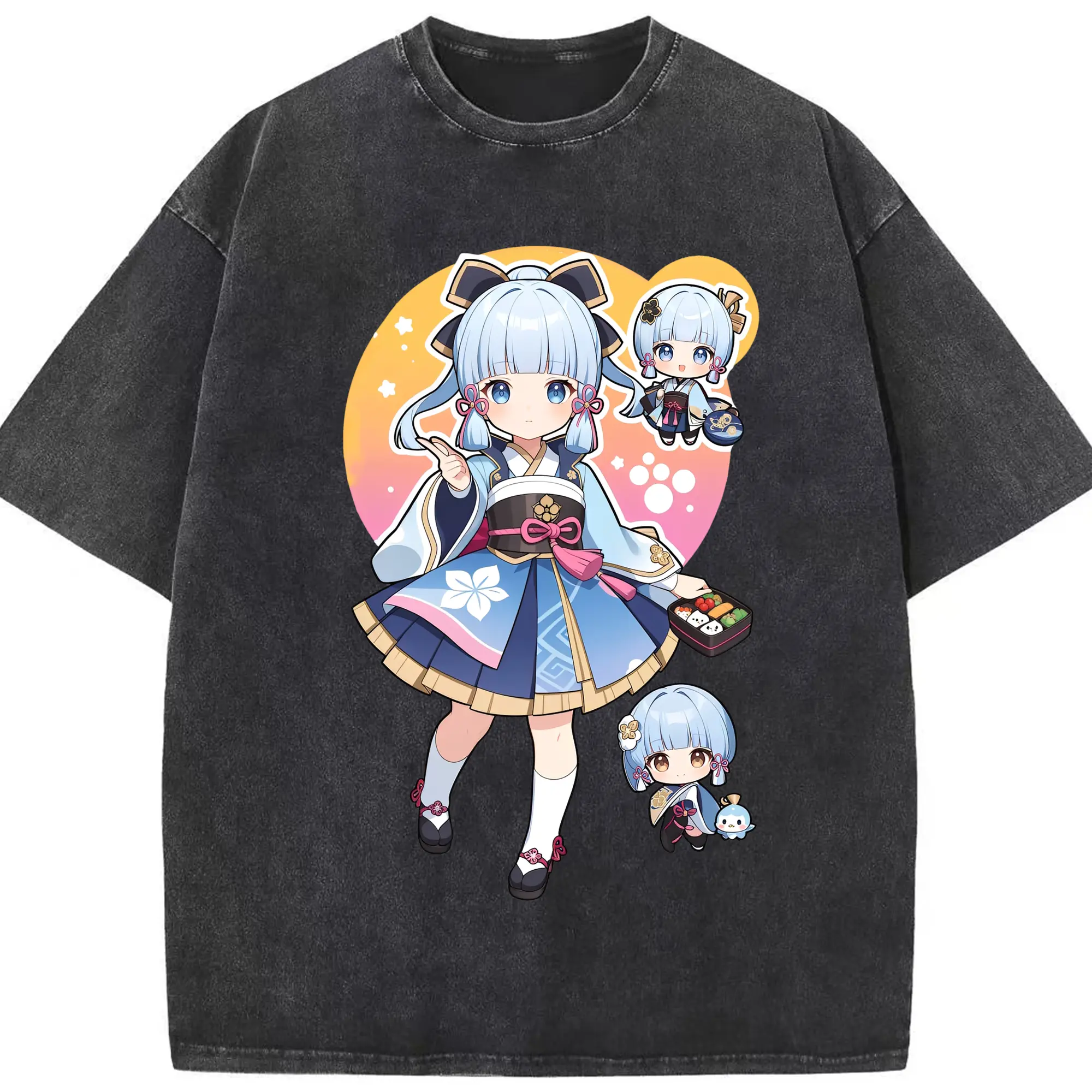 原神 神里綾華 Q版キャラクターキュートデザイン 推し活グッズ - 綿100％ ヴィンテージ風 半袖Tシャツ ・ フロントプリント ・ 柔らか肌触り ・ 通気性 快適 ・ スポーツ カジュアル 外出用