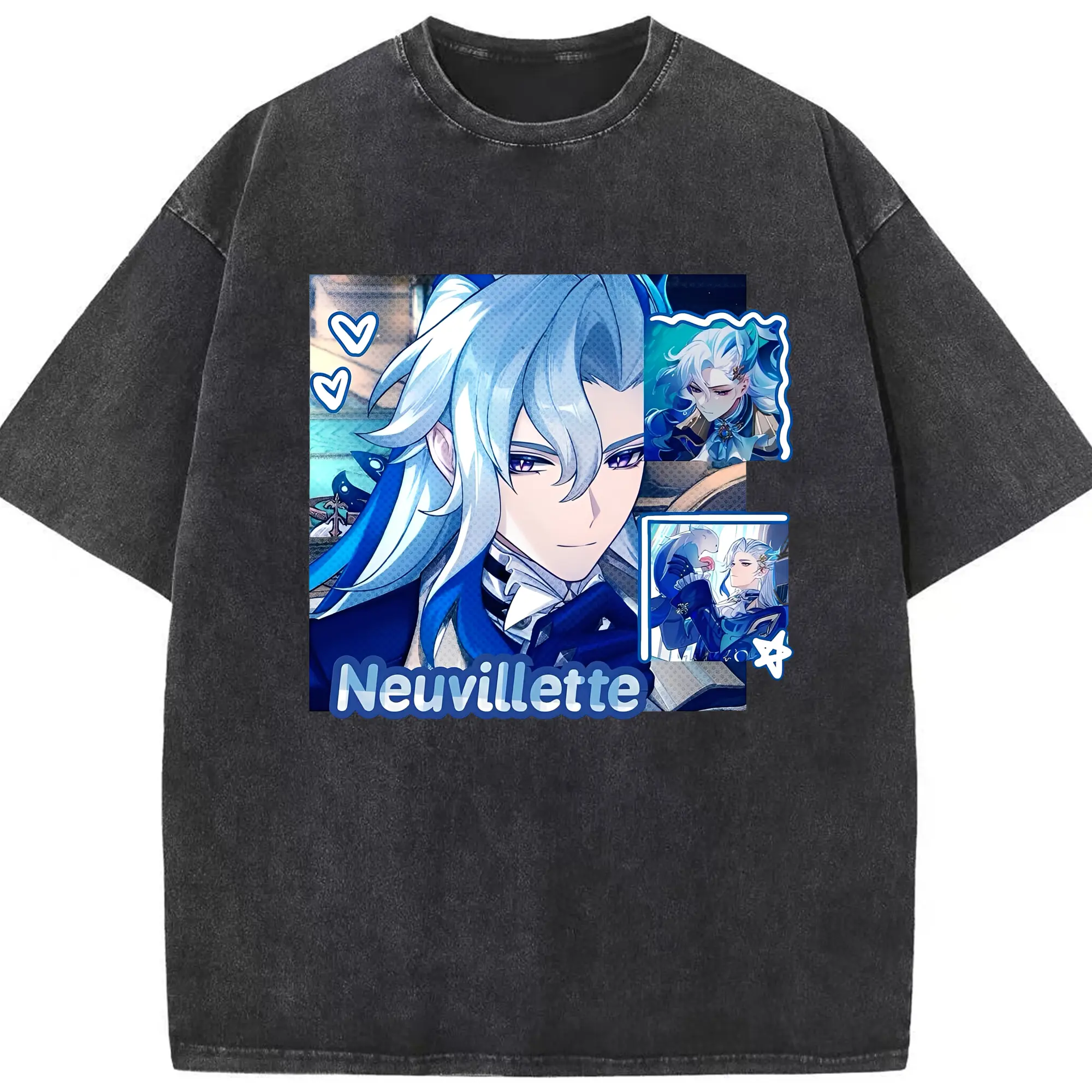 原神 Neuvillette 限定デザイン キャラクター - 綿100％ ヴィンテージ風 半袖Tシャツ ・ フロントプリント ・ 柔らか肌触り ・ 通気性 快適 ・ スポーツ カジュアル 外出用