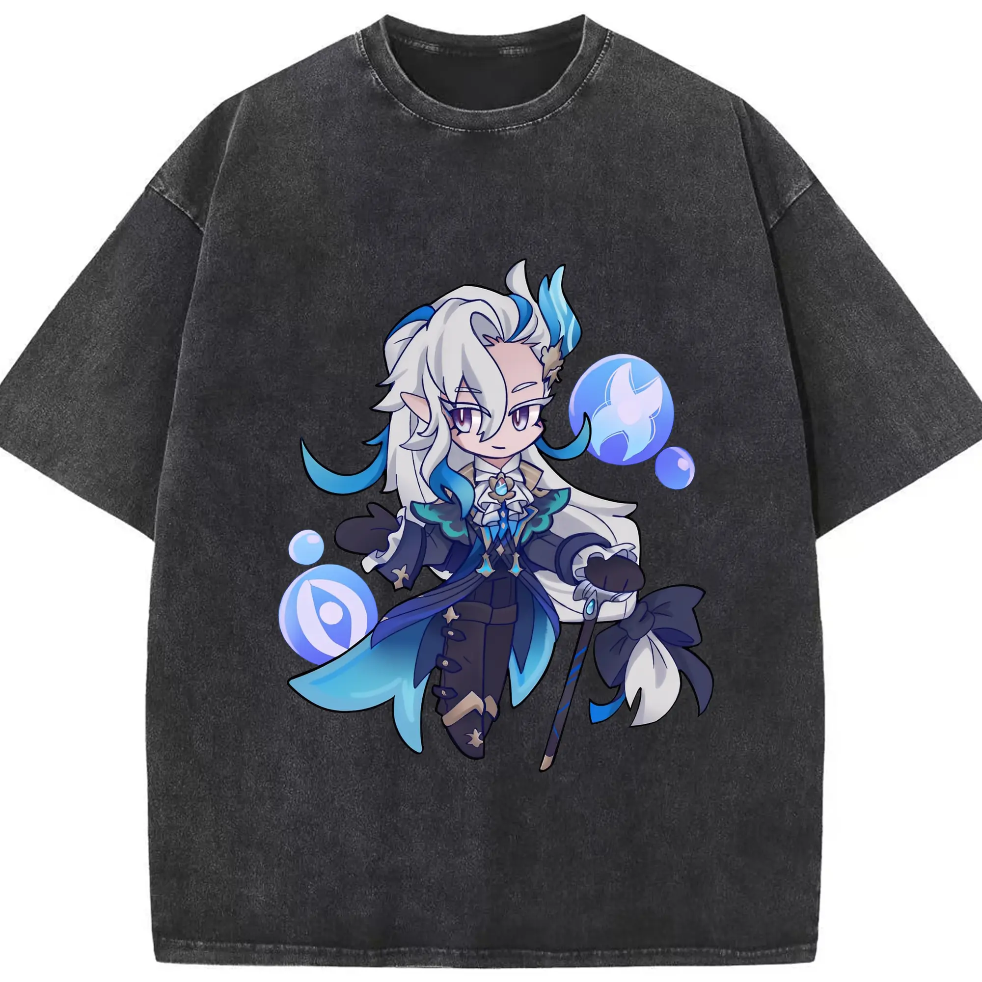 Genshin Impact ヌヴィレット 限定バージョン ファングッズ コレクション - 綿100％ ヴィンテージ風 半袖Tシャツ ・ フロントプリント ・ 柔らか肌触り ・ 通気性 快適 ・ スポーツ カジュアル 外出用