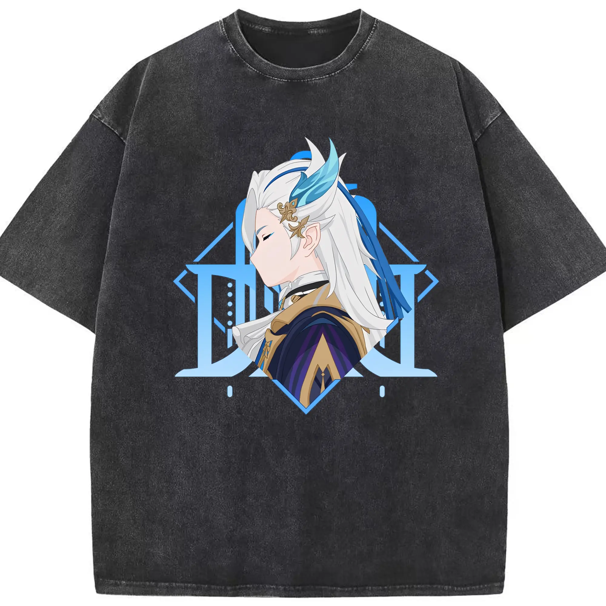 Genshin Impact ヌヴィレット ミニマルデザイン おしゃれスタイル - 綿100％ ヴィンテージ風 半袖Tシャツ ・ フロントプリント ・ 柔らか肌触り ・ 通気性 快適 ・ スポーツ カジュアル 外出用