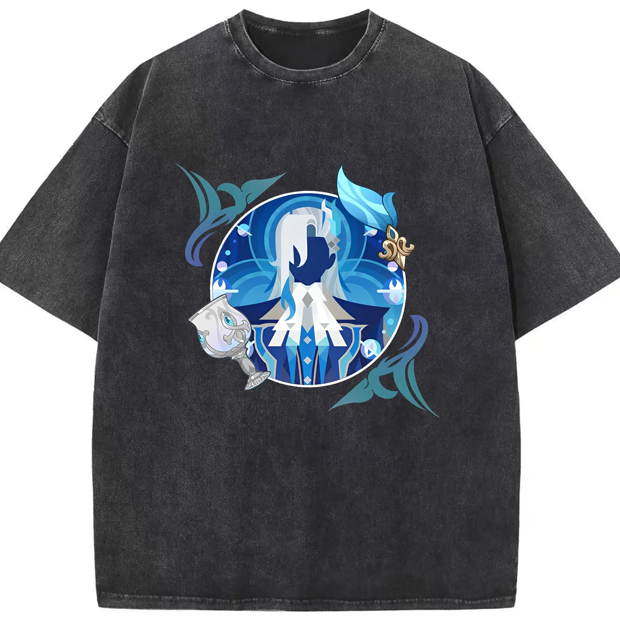 原神 ヌヴィレット アニメ風プリント 推し活グッズ - 綿100％ ヴィンテージ風 半袖Tシャツ ・ フロントプリント ・ 柔らか肌触り ・ 通気性 快適 ・ スポーツ カジュアル 外出用