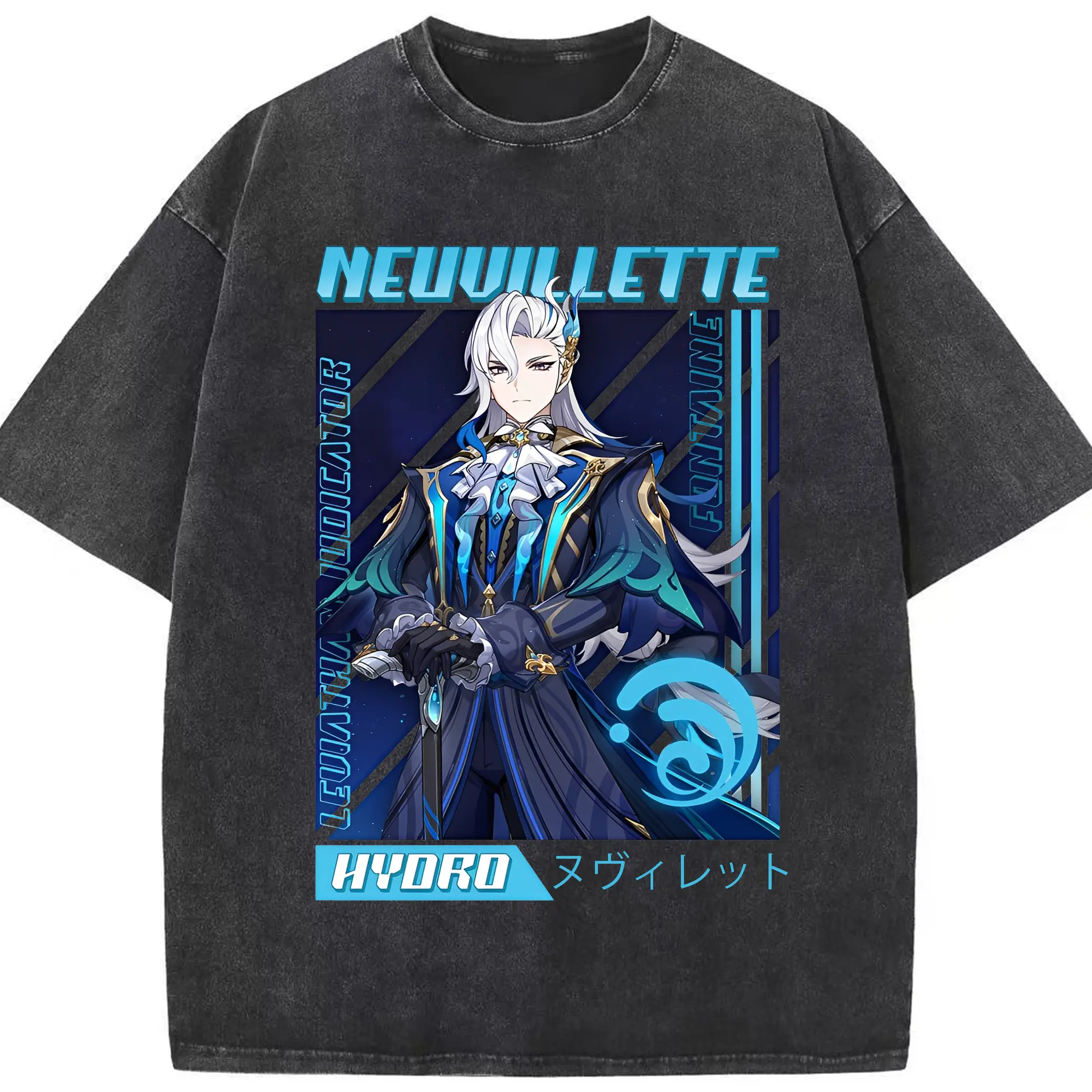 原神 Neuvillette ファン必見！カッコいいデザイン - 綿100％ ヴィンテージ風 半袖Tシャツ ・ フロントプリント ・ 柔らか肌触り ・ 通気性 快適 ・ スポーツ カジュアル 外出用