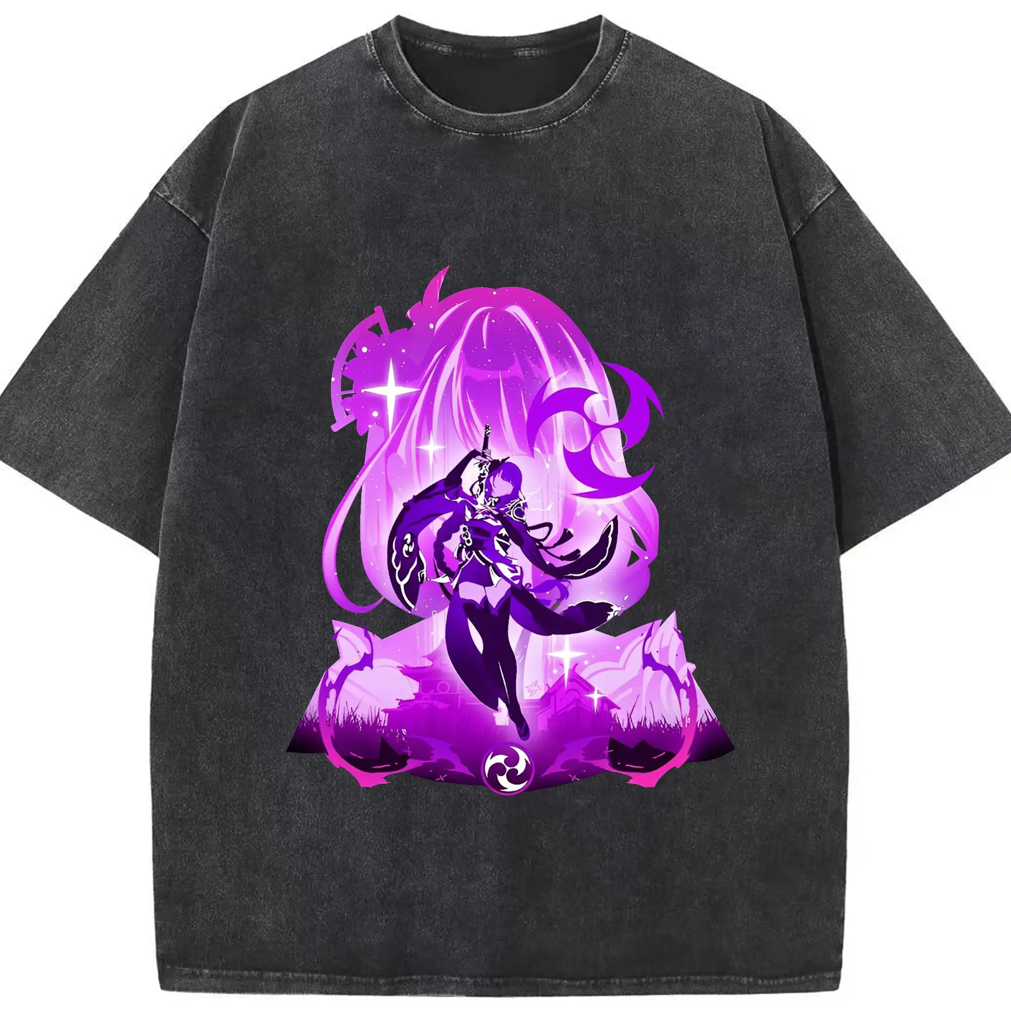 原神 雷電将軍 アニメ風プリント推し活グッズ - 綿100％ ヴィンテージ風 半袖Tシャツ ・ フロントプリント ・ 柔らか肌触り ・ 通気性 快適 ・ スポーツ カジュアル 外出用