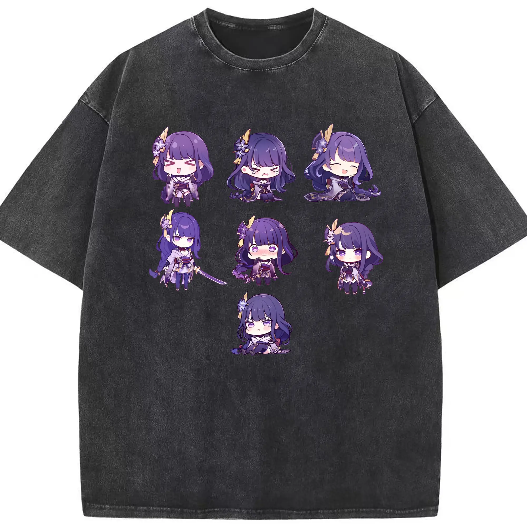 Genshin Impact 雷電将軍 ミニマルデザイン おしゃれスタイル - 綿100％ ヴィンテージ風 半袖Tシャツ ・ フロントプリント ・ 柔らか肌触り ・ 通気性 快適 ・ スポーツ カジュアル 外出用