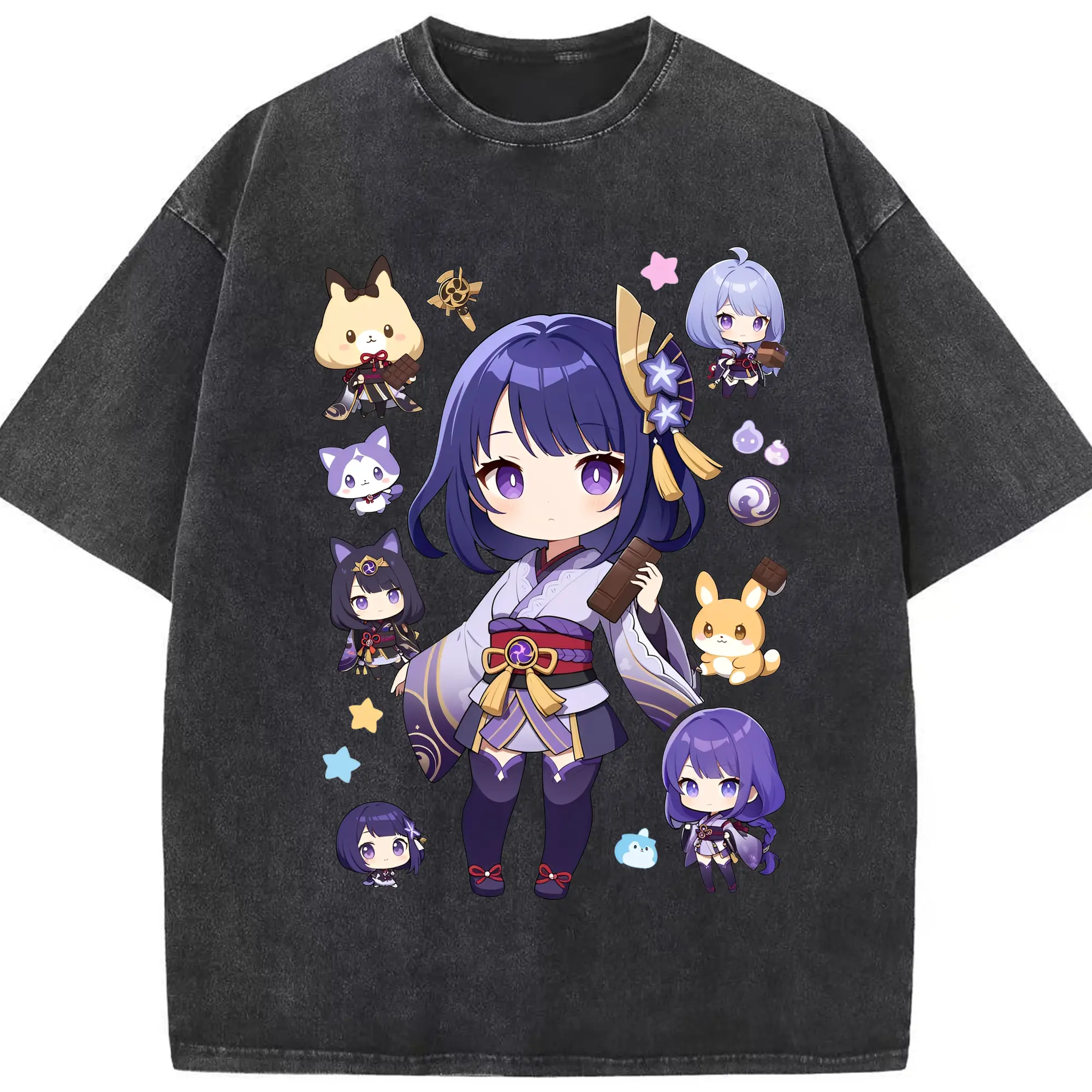 原神 雷電将軍 クリーンデザイン ファッション 原宿系 - 綿100％ ヴィンテージ風 半袖Tシャツ ・ フロントプリント ・ 柔らか肌触り ・ 通気性 快適 ・ スポーツ カジュアル 外出用