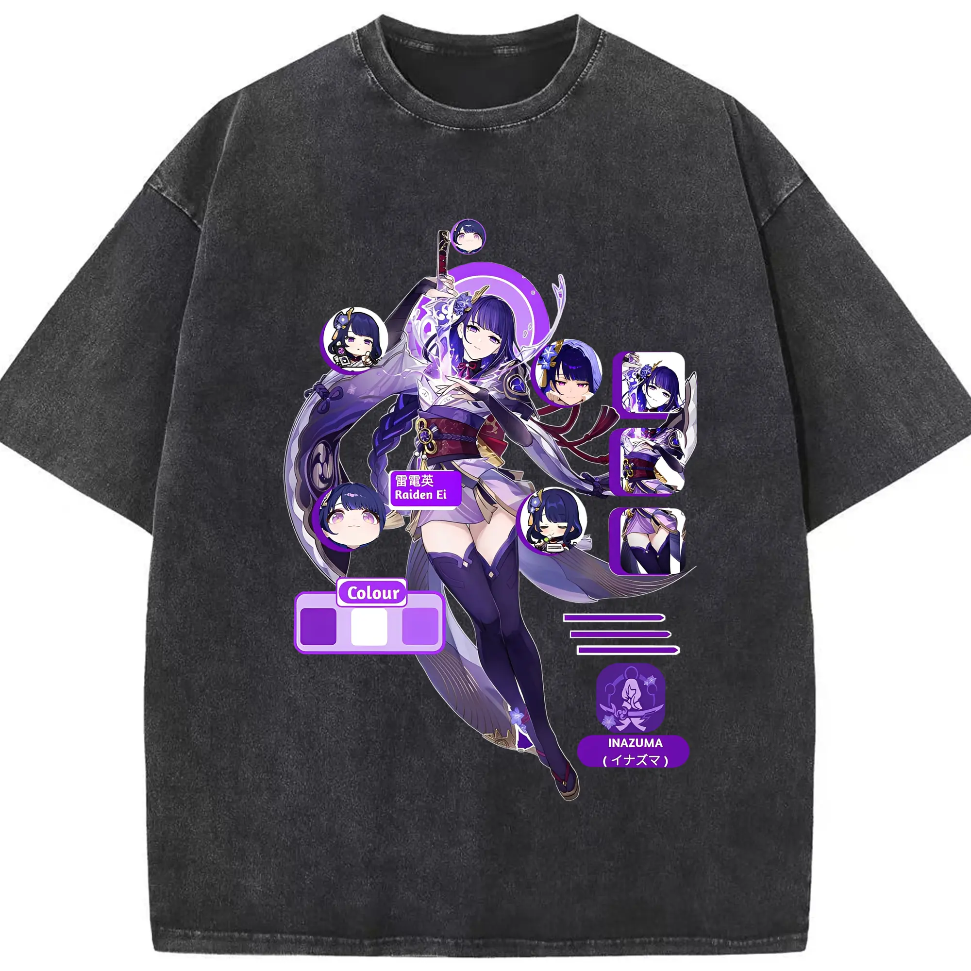 原神 雷電将軍 グラフィックアート - 綿100％ ヴィンテージ風 半袖Tシャツ ・ フロントプリント ・ 柔らか肌触り ・ 通気性 快適 ・ スポーツ カジュアル 外出用