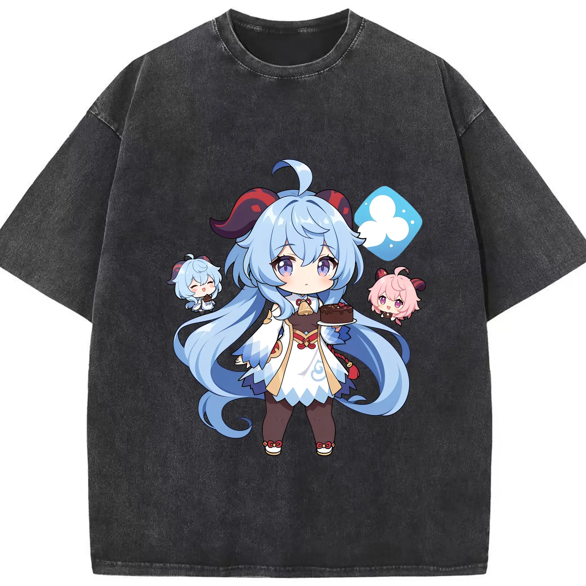 原神 甘雨 アニメ風プリント 推し活グッズ - 綿100％ ヴィンテージ風 半袖Tシャツ ・ フロントプリント ・ 柔らか肌触り ・ 通気性 快適 ・ スポーツ カジュアル 外出用