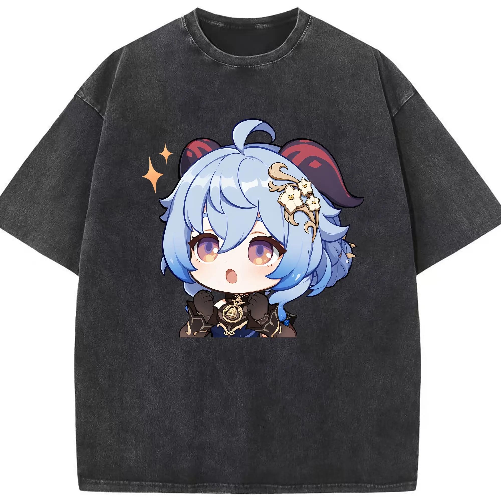 Genshin Impact 甘雨 Q版キャラクター 可愛いファングッズ - 綿100％ ヴィンテージ風 半袖Tシャツ ・ フロントプリント ・ 柔らか肌触り ・ 通気性 快適 ・ スポーツ カジュアル 外出用