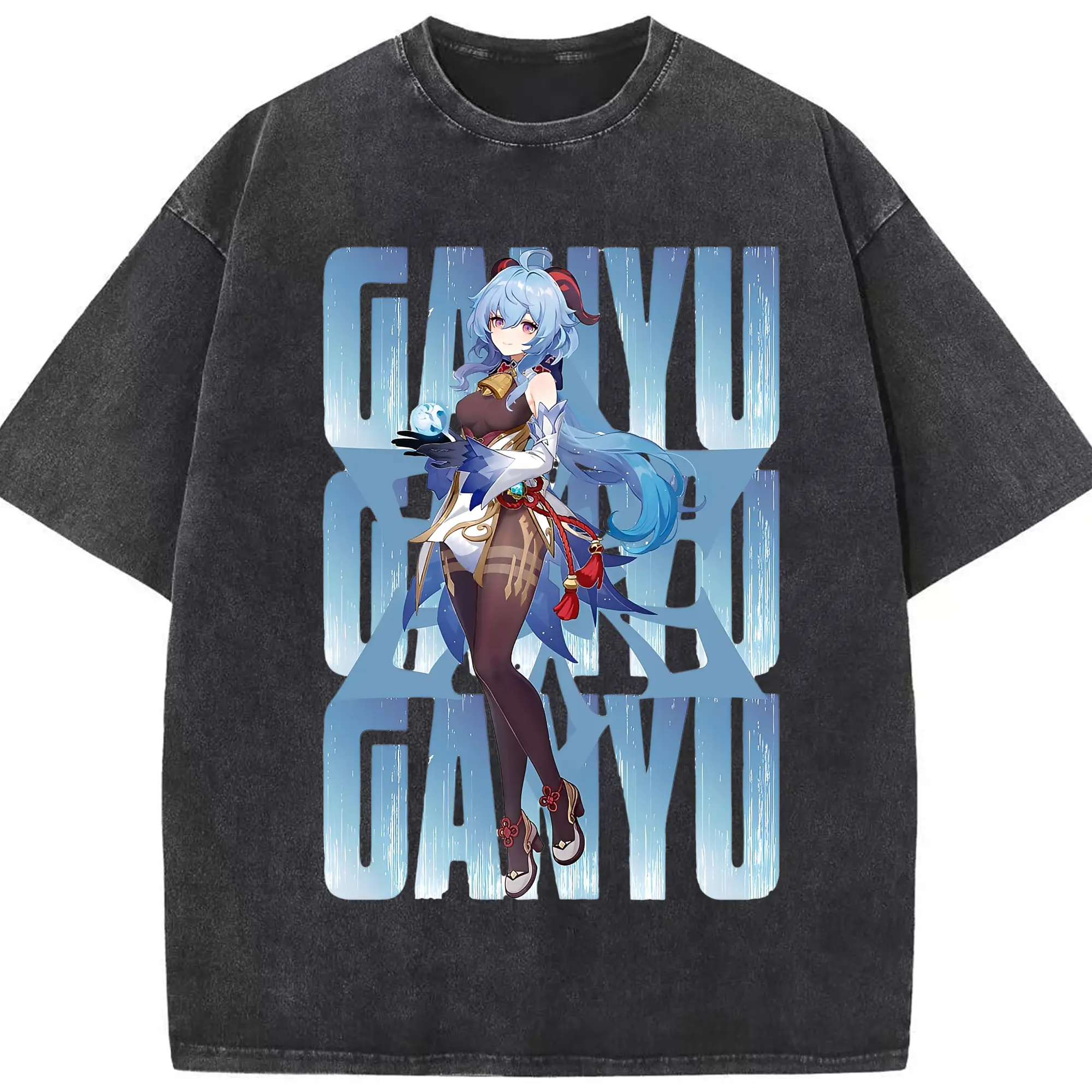 原神 甘雨 クリーンデザイン ファッション 原宿系 - 綿100％ ヴィンテージ風 半袖Tシャツ ・ フロントプリント ・ 柔らか肌触り ・ 通気性 快適 ・ スポーツ カジュアル 外出用