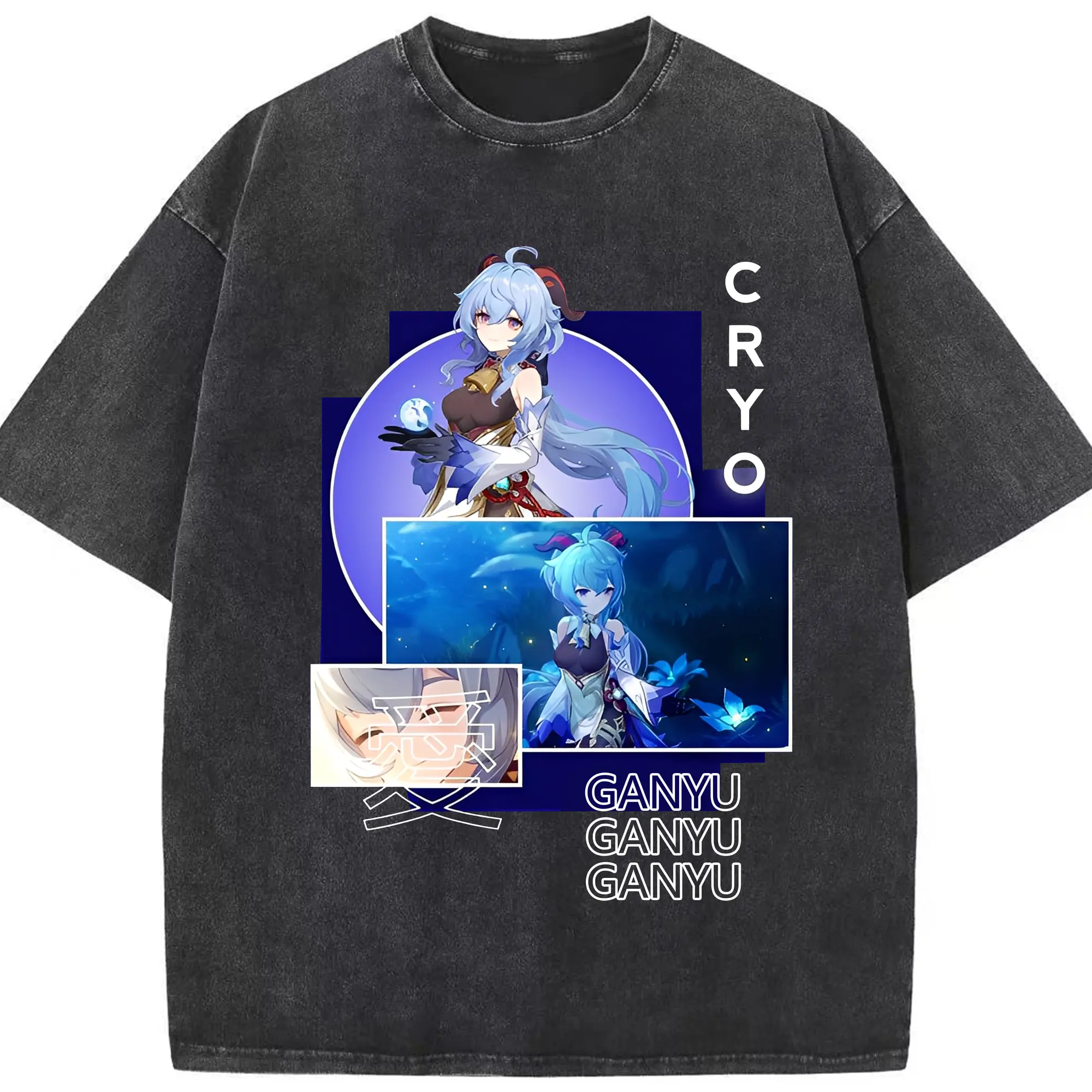 Genshin Impact 甘雨 限定バージョン ファングッズ コレクション - 綿100％ ヴィンテージ風 半袖Tシャツ ・ フロントプリント ・ 柔らか肌触り ・ 通気性 快適 ・ スポーツ カジュアル 外出用