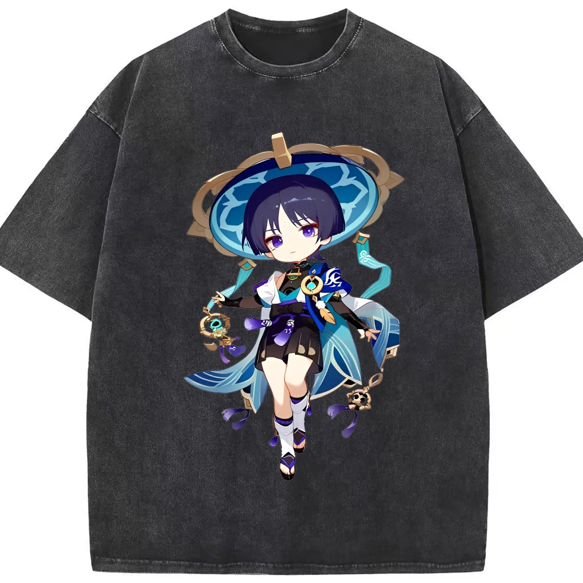 Genshin Impact 放浪者 限定バージョン ファングッズ コレクション - 綿100％ ヴィンテージ風 半袖Tシャツ ・ フロントプリント ・ 柔らか肌触り ・ 通気性 快適 ・ スポーツ カジュアル 外出用