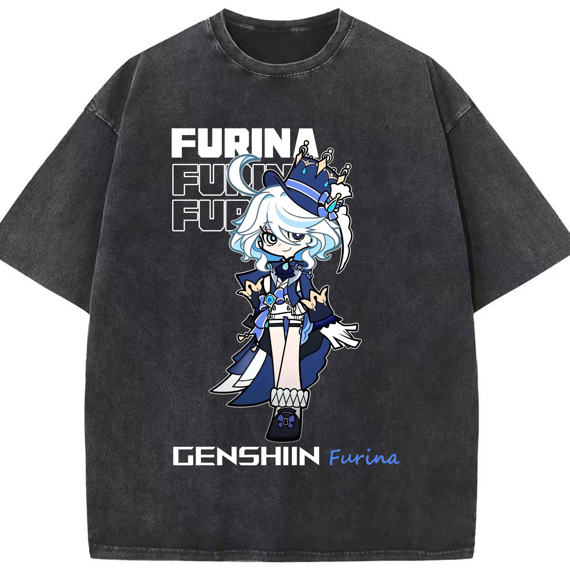 原神 Furina ファン必見！可愛いデザイン - 綿100％ ヴィンテージ風 半袖Tシャツ ・ フロントプリント ・ 柔らか肌触り ・ 通気性 快適 ・ スポーツ カジュアル 外出用