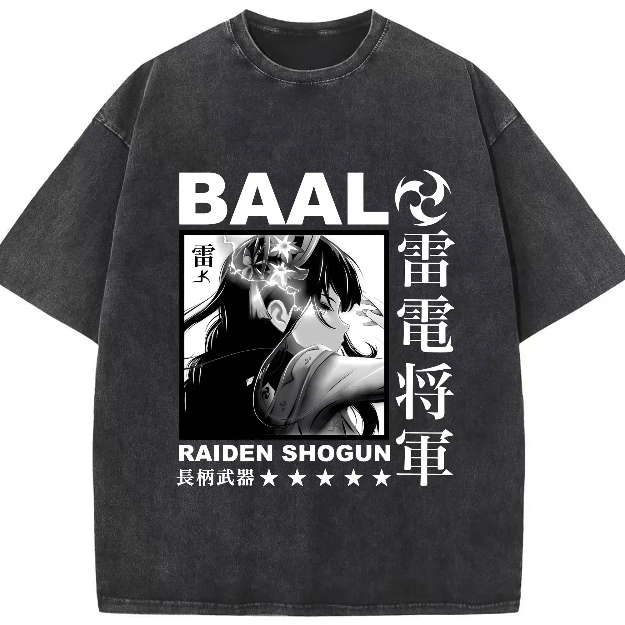 原神 雷電将軍 グラフィックアート - 綿100％ ヴィンテージ風 半袖Tシャツ ・ フロントプリント ・ 柔らか肌触り ・ 通気性 快適 ・ スポーツ カジュアル 外出用