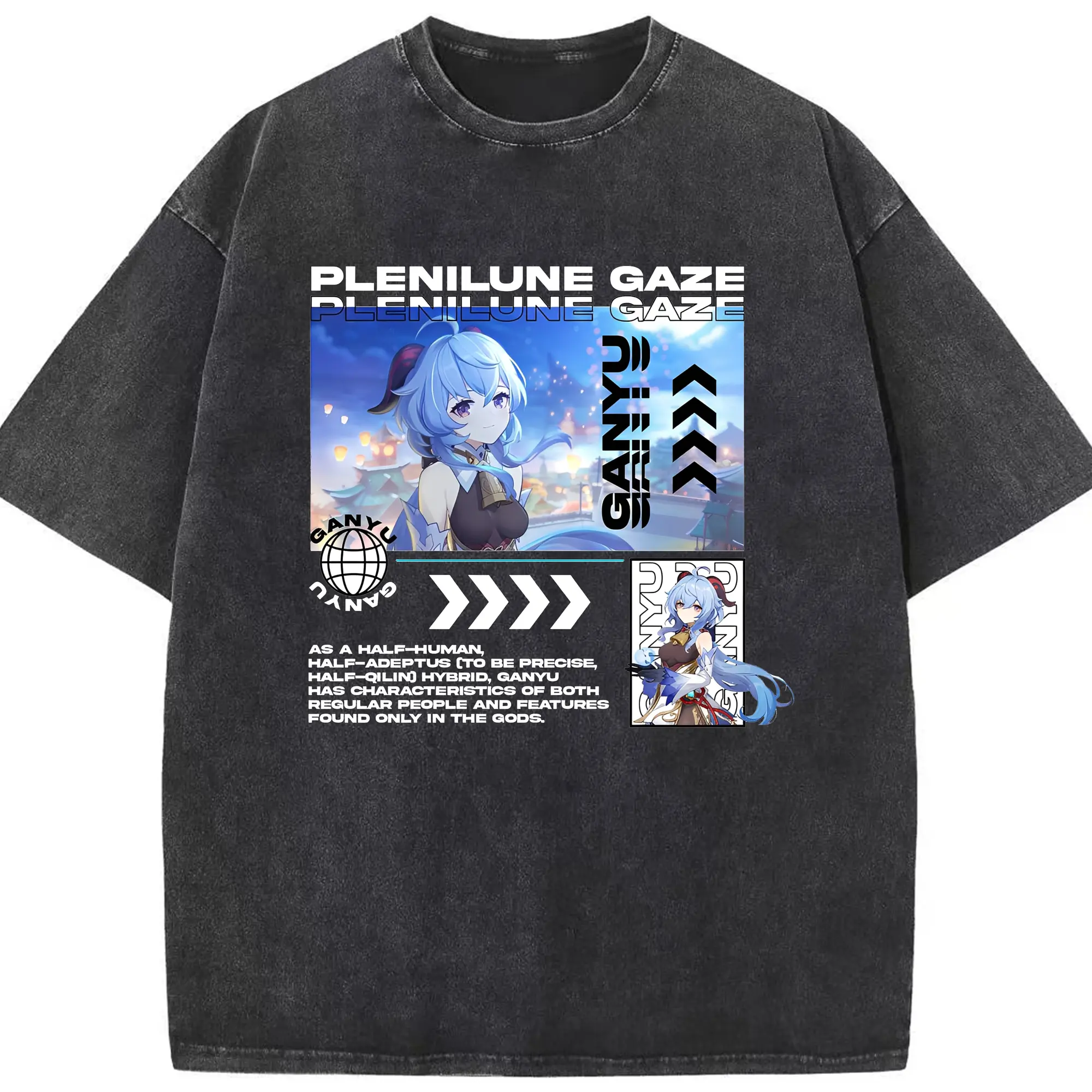 Genshin Impact 甘雨 キャラクターグッズ ファン必見 - 綿100％ ヴィンテージ風 半袖Tシャツ ・ フロントプリント ・ 柔らか肌触り ・ 通気性 快適 ・ スポーツ カジュアル 外出用