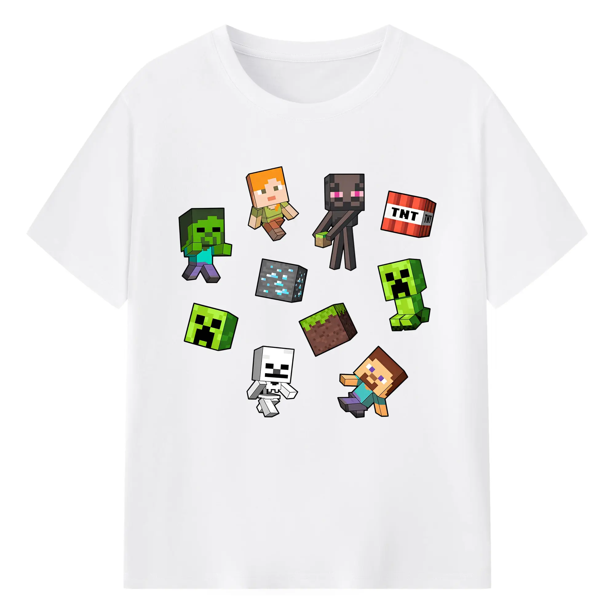 マインクラフト かわいいブロックキャラ - 綿100％ 半袖Tシャツ ・ フロントプリント ・ 快適 通気性 ・ 日常使い 散歩 スポーツ用
