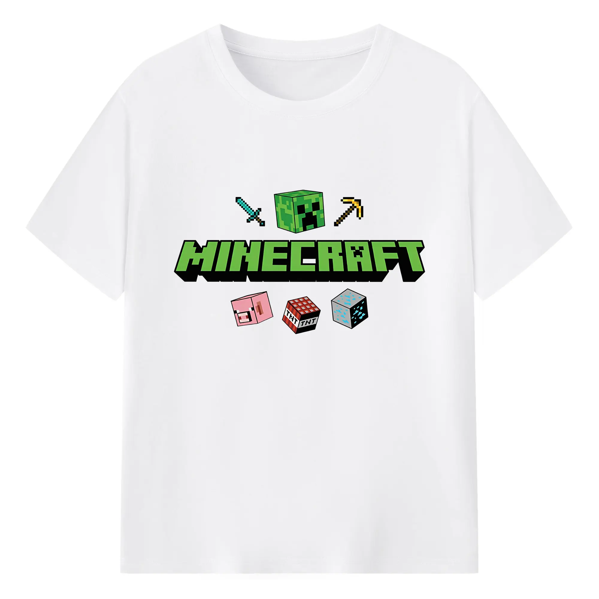 マインクラフト ロゴデザイン カジュアル - 綿100％ 半袖Tシャツ ・ フロントプリント ・ 快適 通気性 ・ 日常使い 散歩 スポーツ用