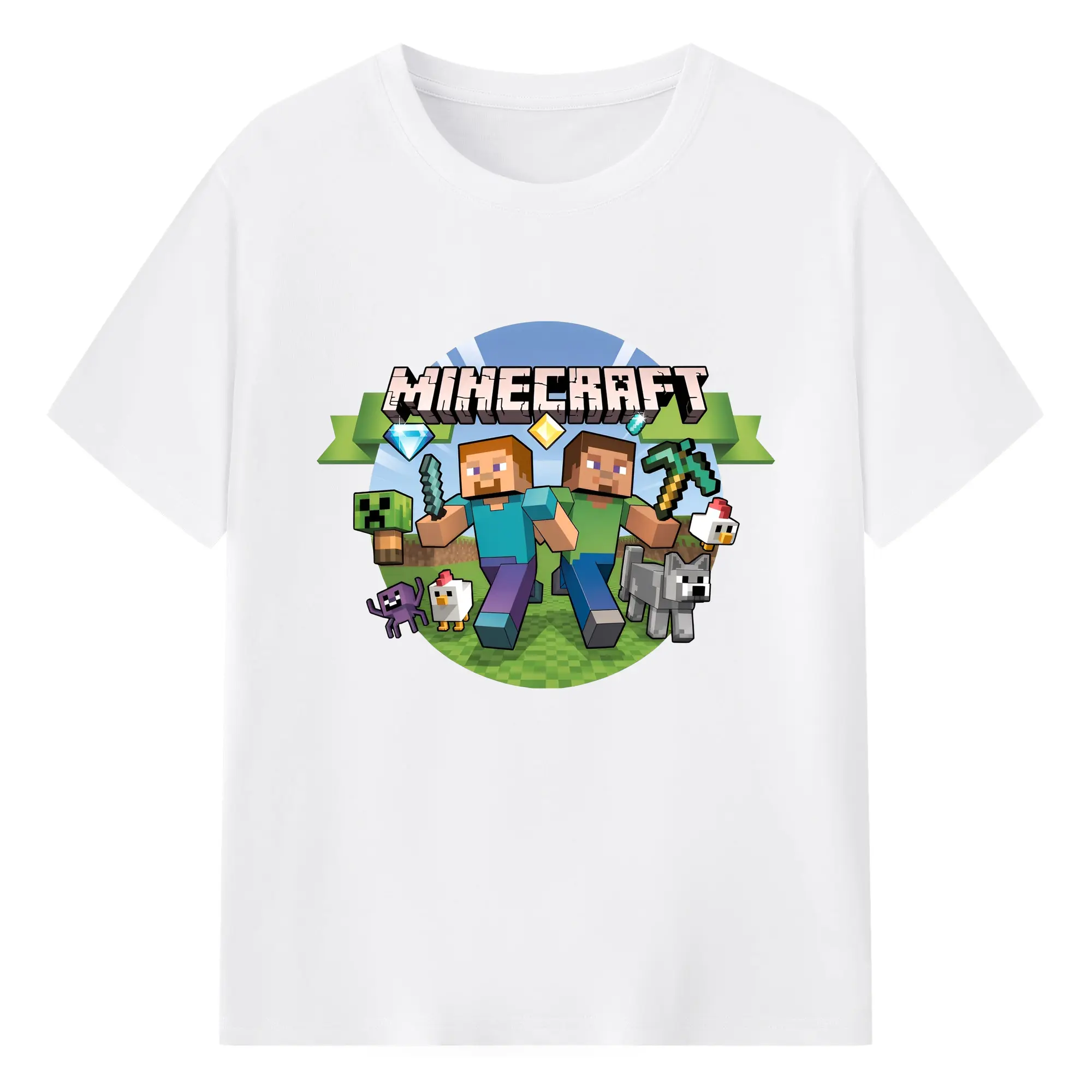 マインクラフト アドベンチャー モチーフ - 綿100％ 半袖Tシャツ ・ フロントプリント ・ 快適 通気性 ・ 日常使い 散歩 スポーツ用