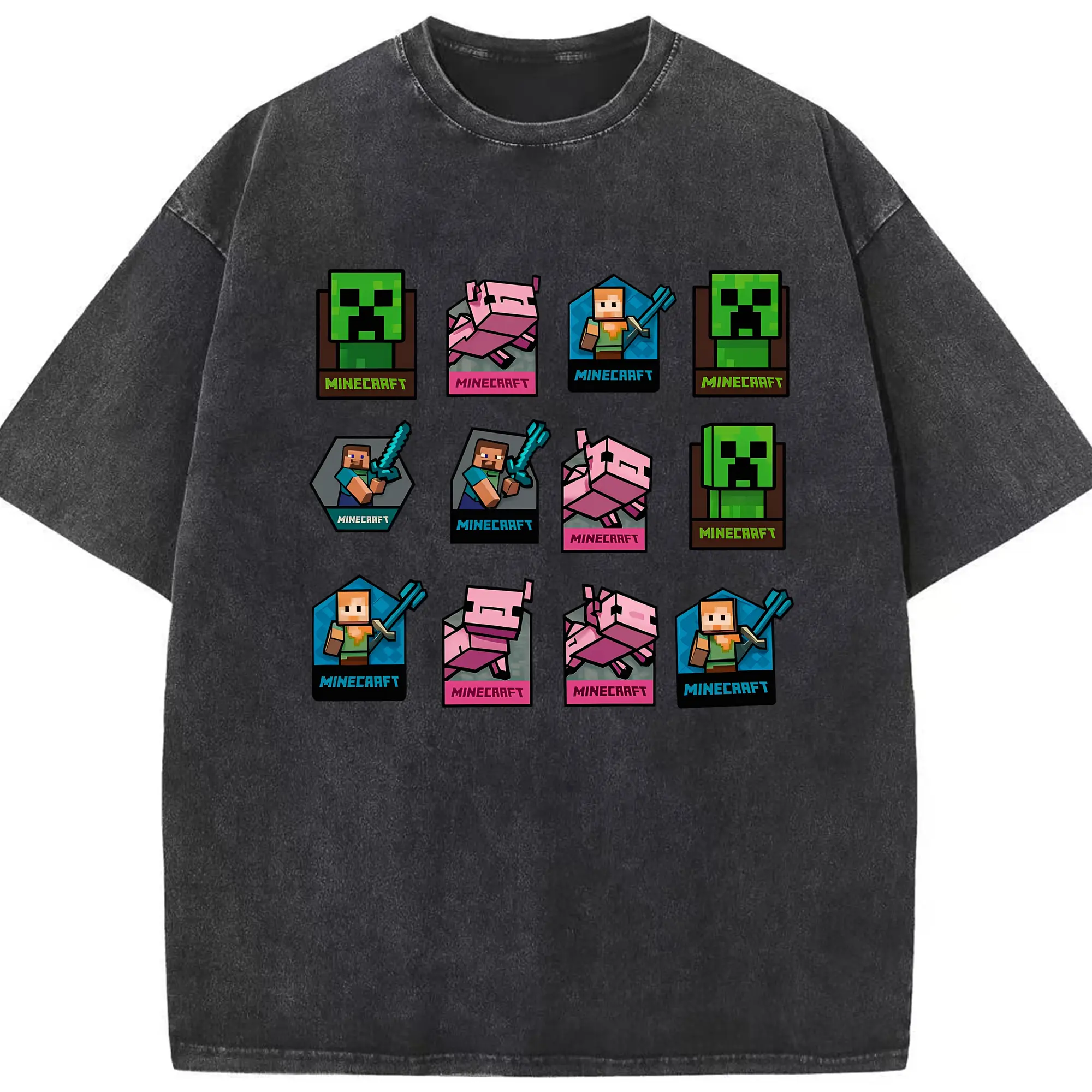 【新作】マインクラフト ファン必見 - 綿100％ ヴィンテージ風 半袖Tシャツ ・ フロントプリント ・ 柔らか肌触り ・ 通気性 快適 ・ スポーツ カジュアル 外出用