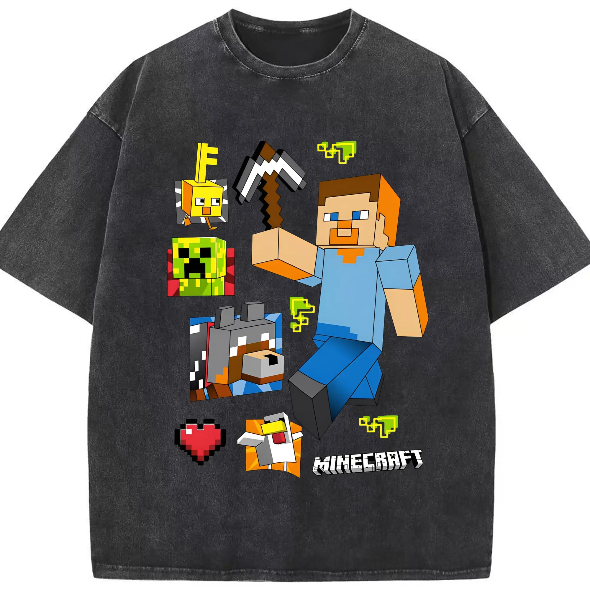 マインクラフト ワールド 探検 - 綿100％ ヴィンテージ風 半袖Tシャツ ・ フロントプリント ・ 柔らか肌触り ・ 通気性 快適 ・ スポーツ カジュアル 外出用