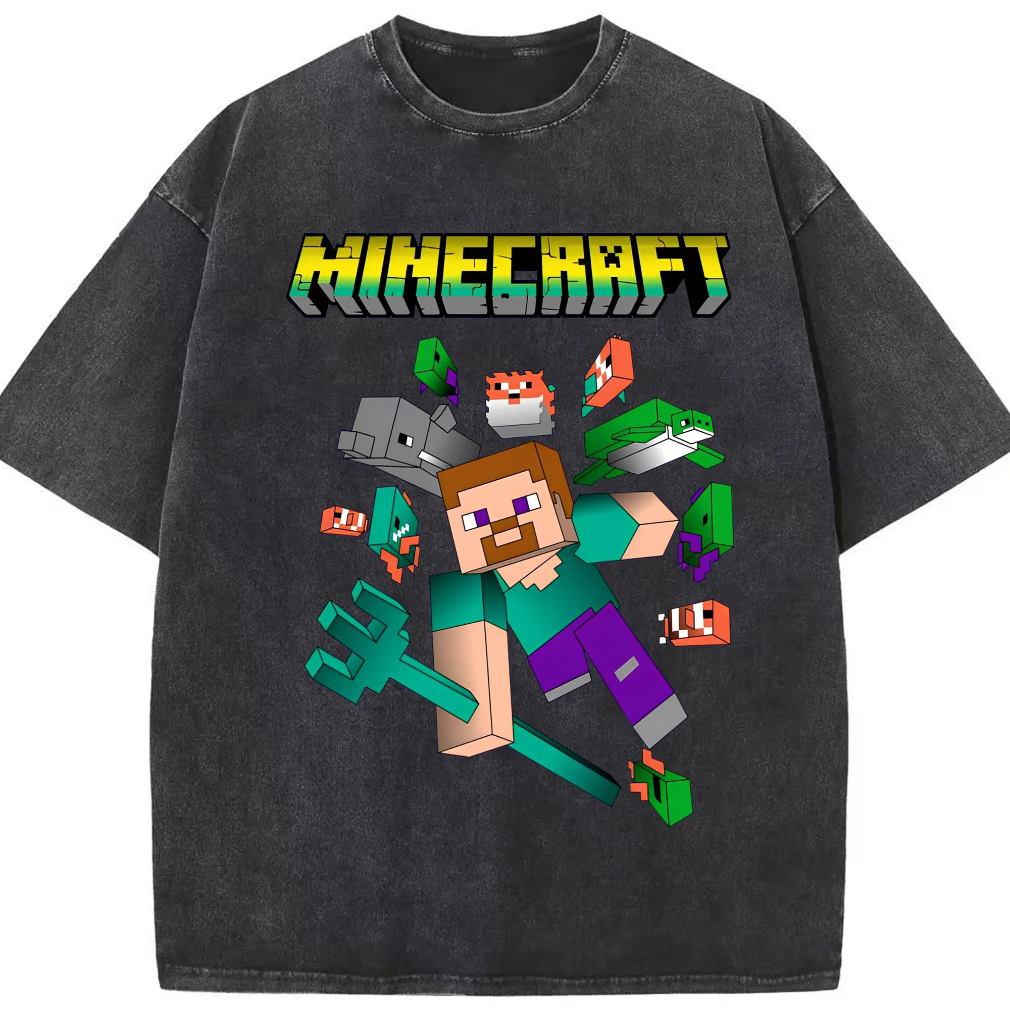 マインクラフト ゲーミングデザイン - 綿100％ ヴィンテージ風 半袖Tシャツ ・ フロントプリント ・ 柔らか肌触り ・ 通気性 快適 ・ スポーツ カジュアル 外出用