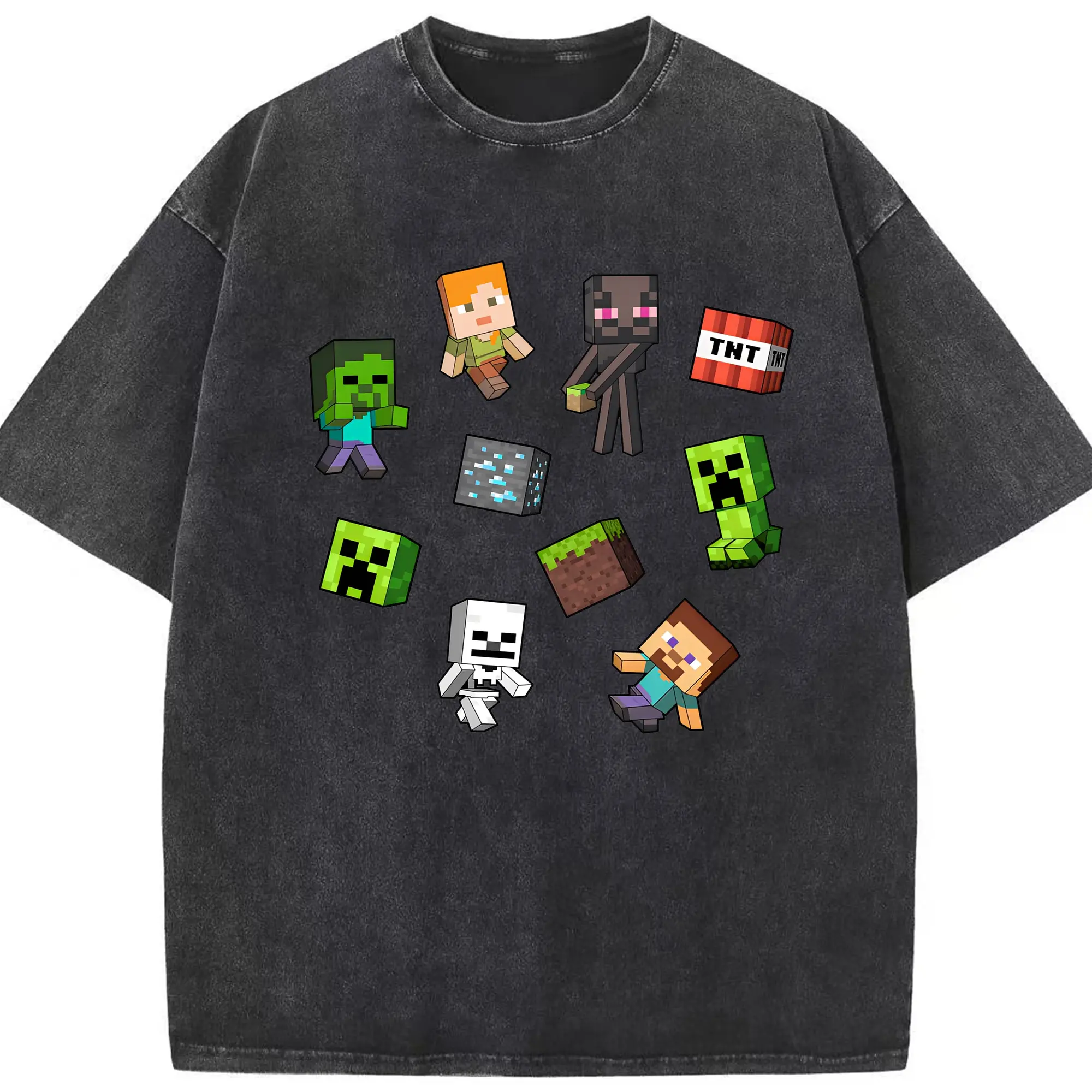 マインクラフト かわいいブロックキャラ - 綿100％ ヴィンテージ風 半袖Tシャツ ・ フロントプリント ・ 柔らか肌触り ・ 通気性 快適 ・ スポーツ カジュアル 外出用