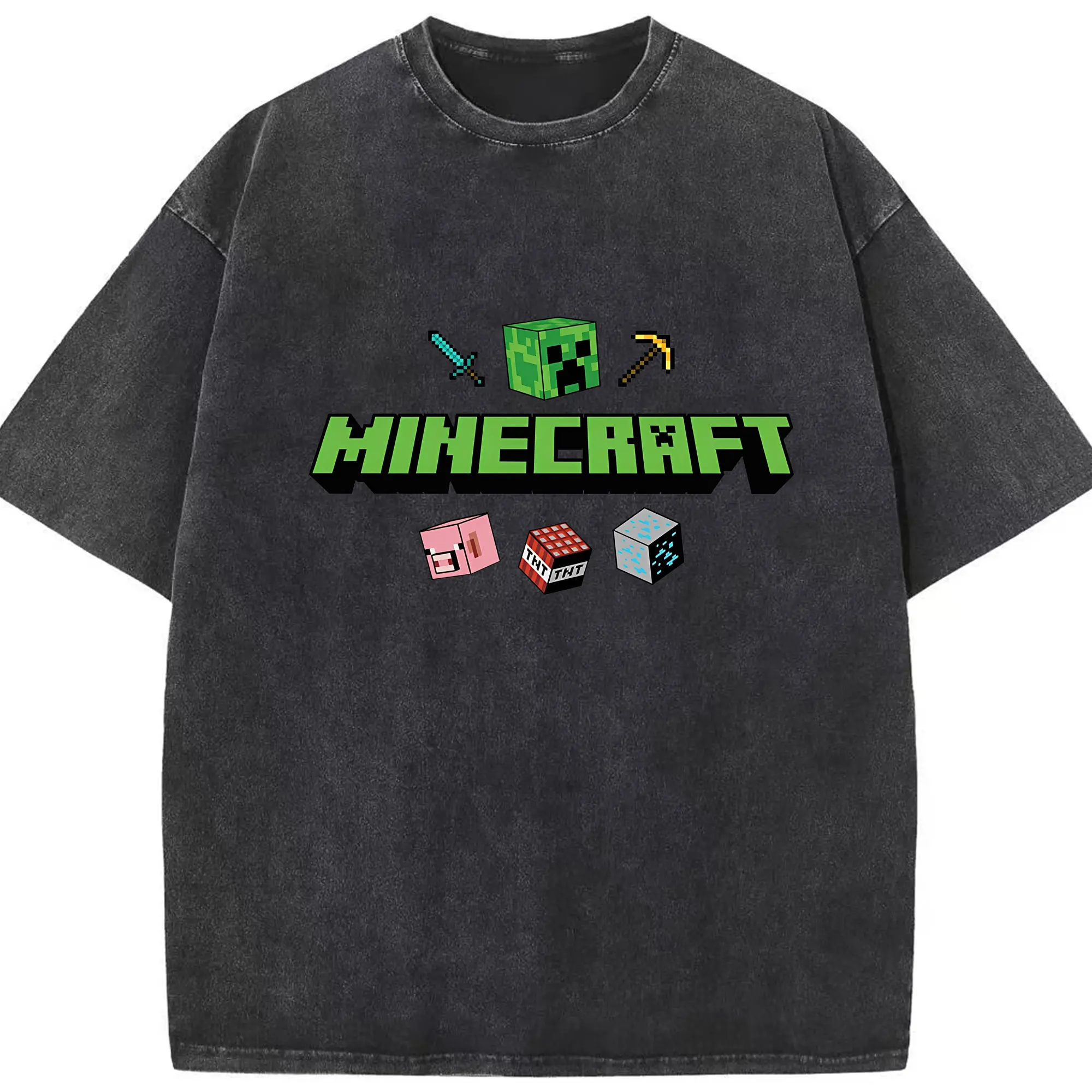 マインクラフト ロゴデザイン カジュアル - 綿100％ ヴィンテージ風 半袖Tシャツ ・ フロントプリント ・ 柔らか肌触り ・ 通気性 快適 ・ スポーツ カジュアル 外出用