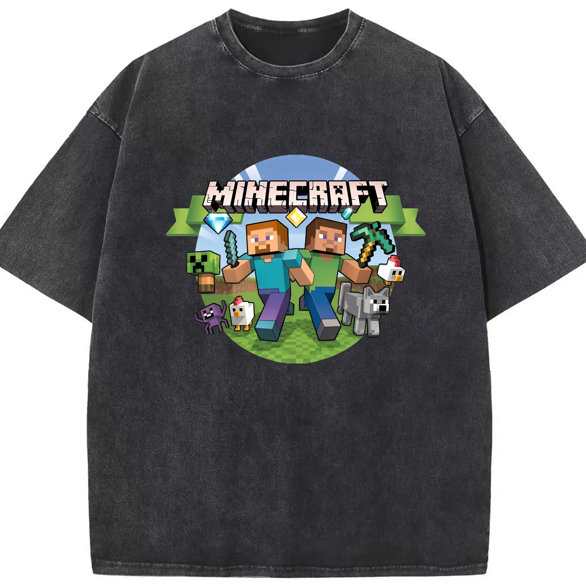 マインクラフト アドベンチャー モチーフ - 綿100％ ヴィンテージ風 半袖Tシャツ ・ フロントプリント ・ 柔らか肌触り ・ 通気性 快適 ・ スポーツ カジュアル 外出用