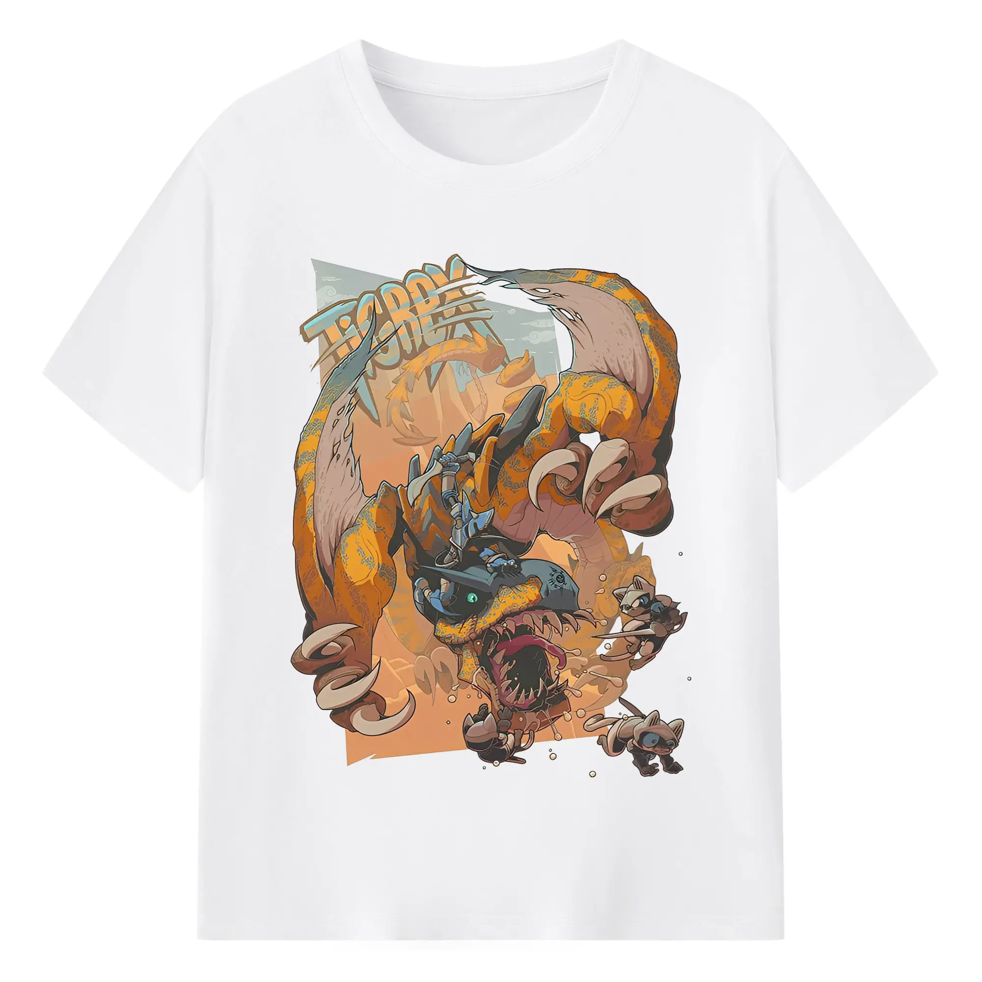 怒涛の突進！ティガレックス ド迫力プリント - 綿100％ 半袖Tシャツ ・ フロントプリント ・ 快適 通気性 ・ 日常使い 散歩 スポーツ用