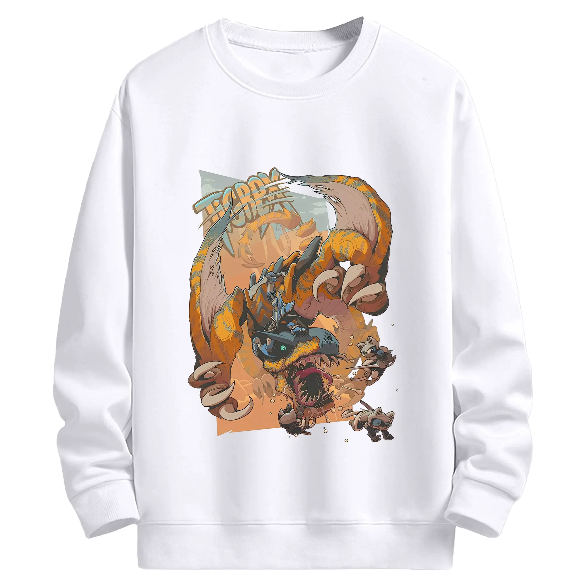 怒涛の突進！ティガレックス ド迫力プリント - 高品質 クルーネック スウェット ・ コットン59％ ポリエステル41％ ・ ユニセックス 長袖 トレーナー ・ カジュアル デイリー スポーツ 散歩用