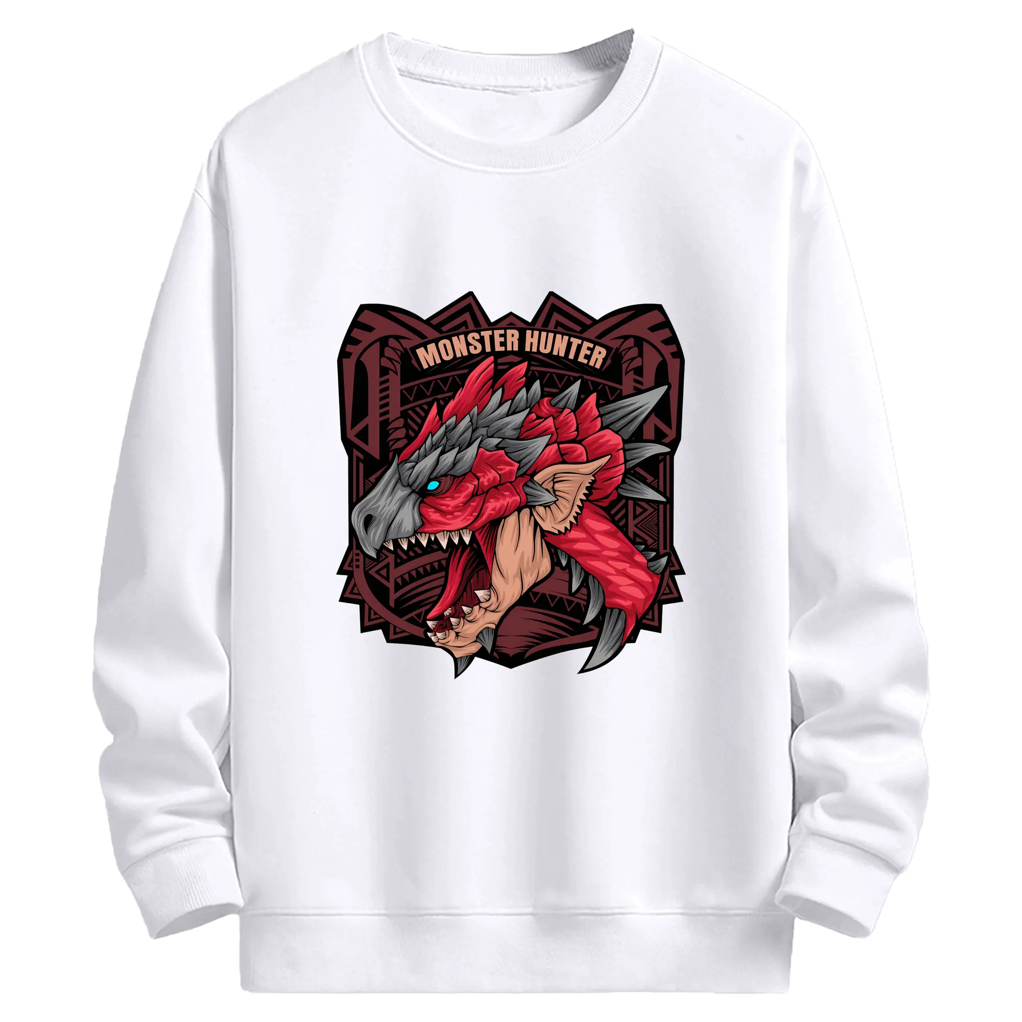 怒涛の火炎ブレス！リオレウス ド迫力デザイン - 高品質 クルーネック スウェット ・ コットン59％ ポリエステル41％ ・ ユニセックス 長袖 トレーナー ・ カジュアル デイリー スポーツ 散歩用